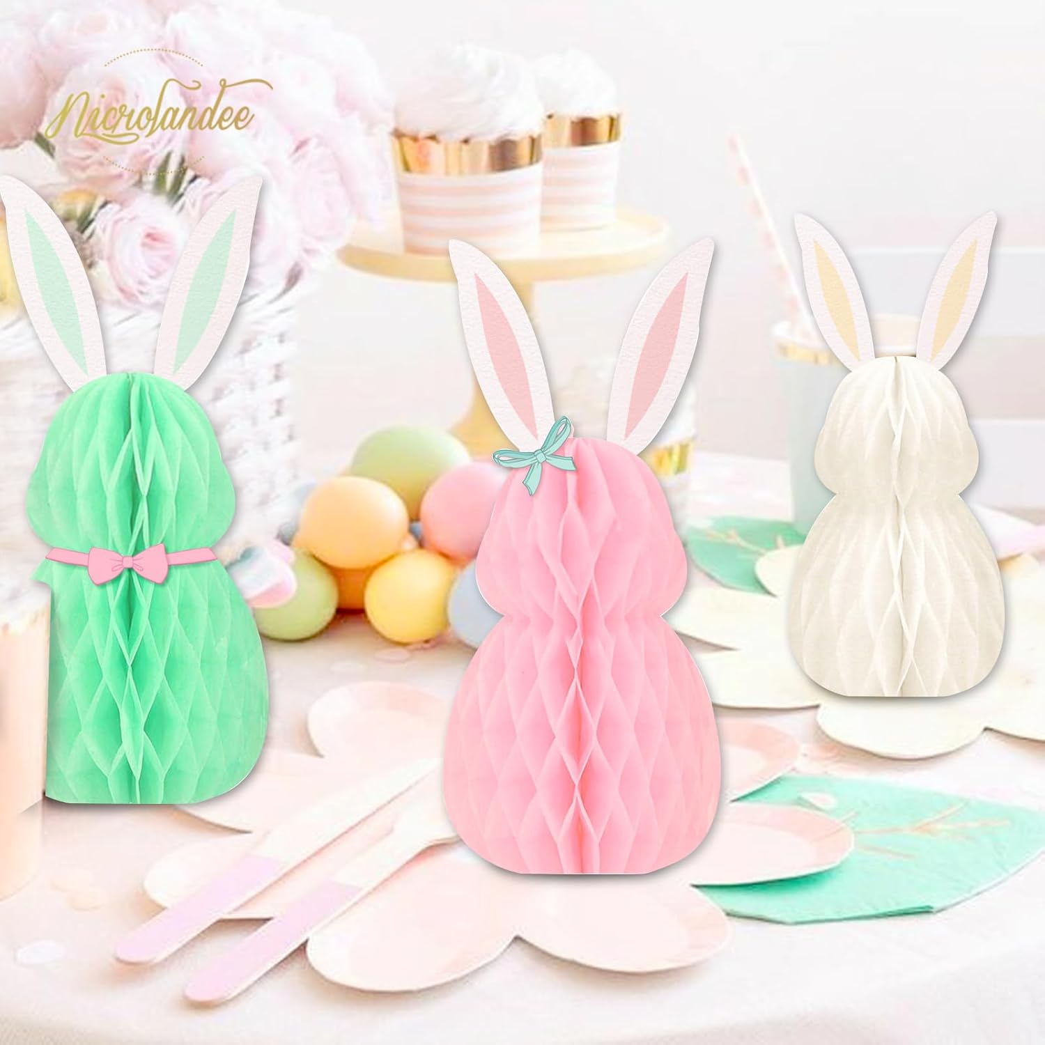 NICROLANDEE Easter Decorations - 3Pcs Mini Easter Bunny Family Honeycomb DIY Table Centerpiece Set for Spring Easter Decors, Birthday, Bunny Themed Party, Garden Party, Egg Hunt Supplies