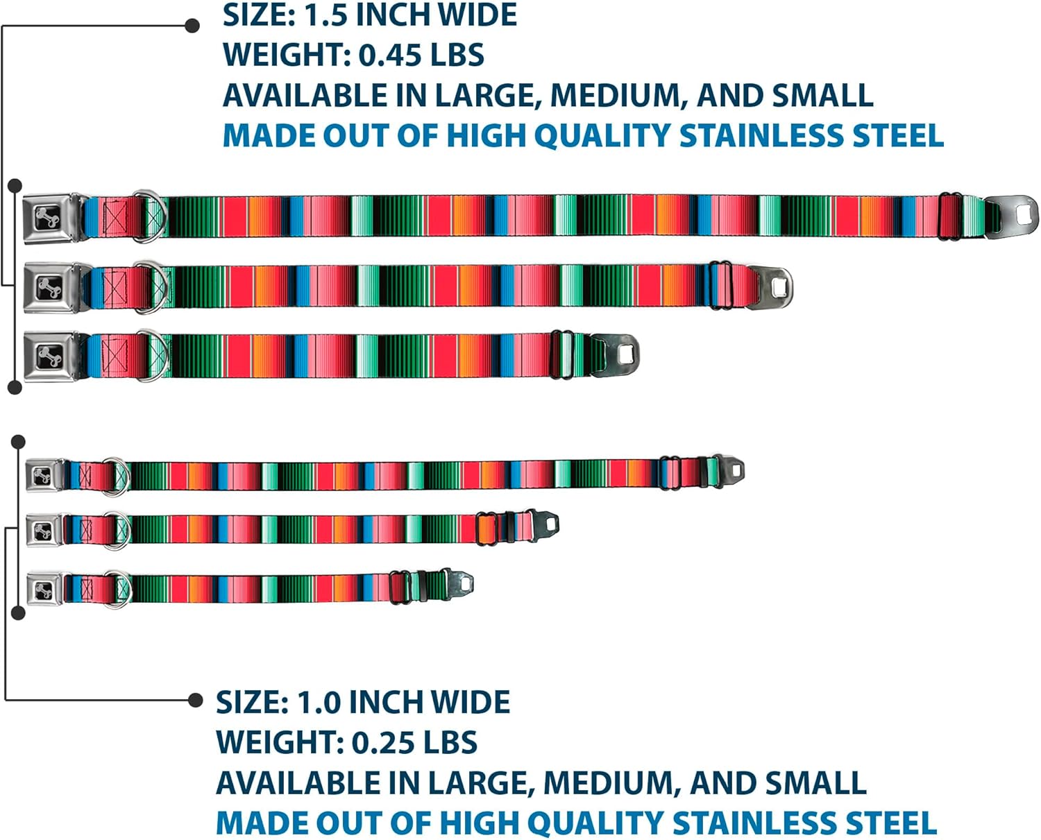Dog Collar Seatbelt Buckle Zarape5 Vertical Multi Color Stripe 9 to 15 Inches 1.0 Inch Wide