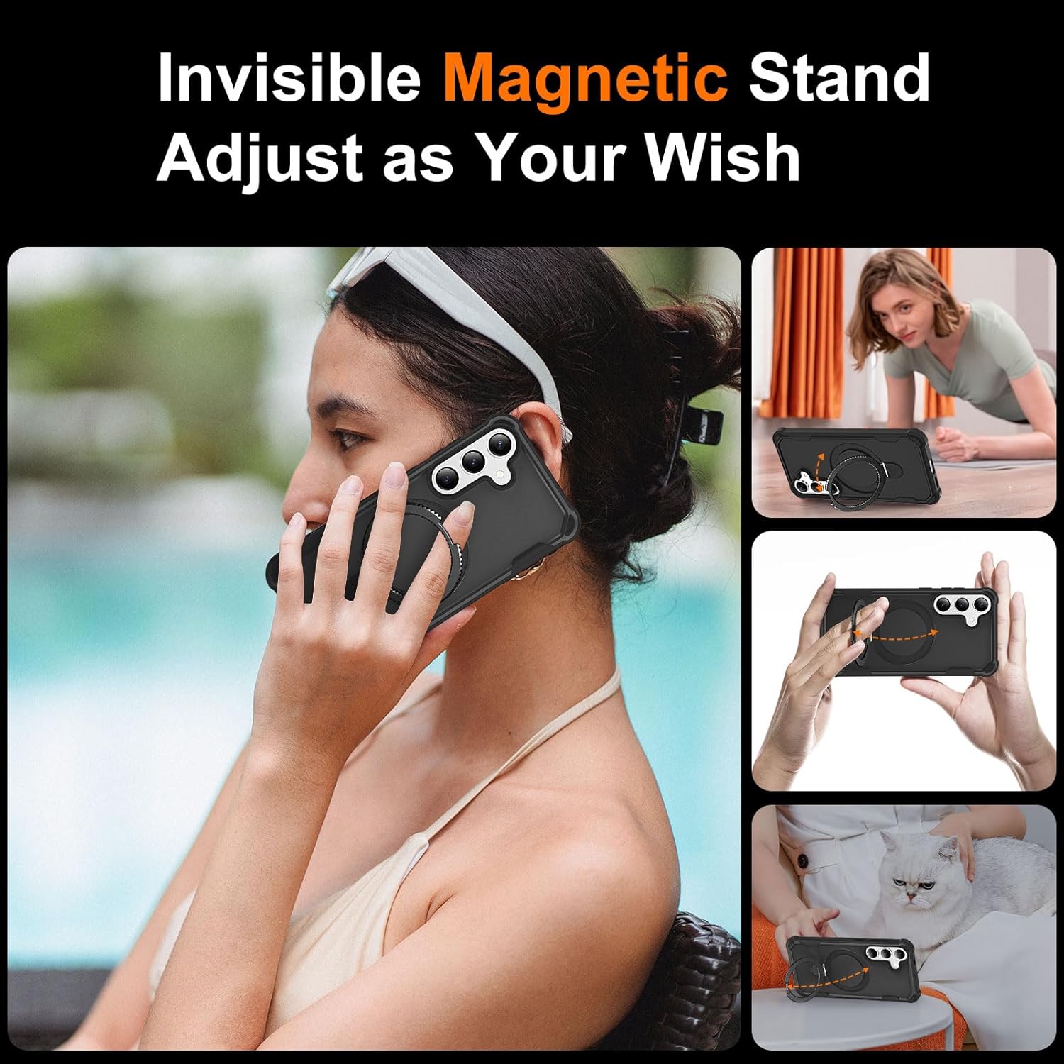 Compatible with Samsung Galaxy S24 Case & Samsung Galaxy S25 Case with Invisible Magnetic Ring Stand [Compatible with Magnetic] [Military Drop Protection] Shockproof 6.2 Inch, Black