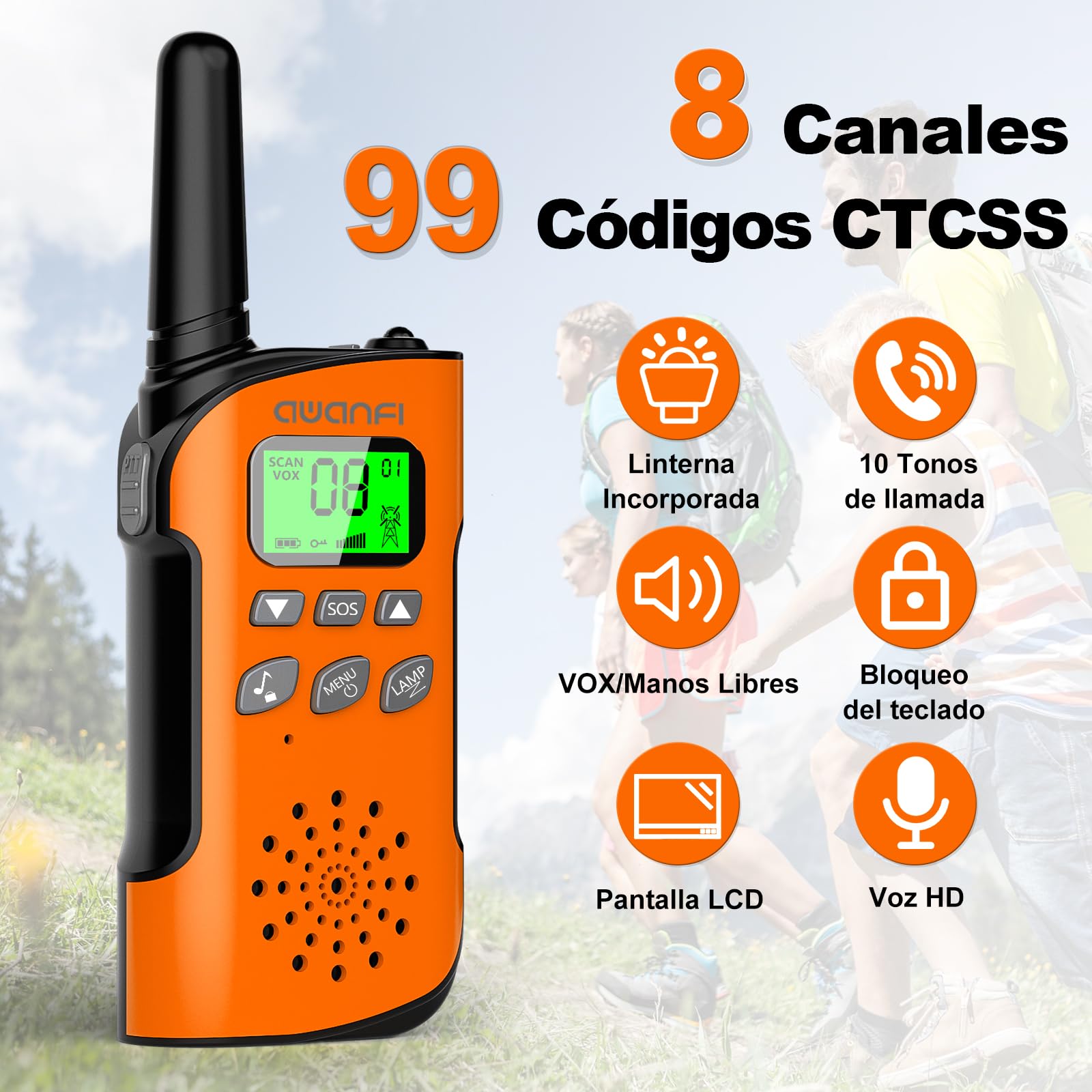 Walkie Talkie para Niños, Walkie Talkie Recargable con Batería Li-Ion, 3KM de Larga Alcance, Walkie-Talkies para Acampar Aventuras, Regalos para Niños de 3 a 12 Años, 3 Piezas