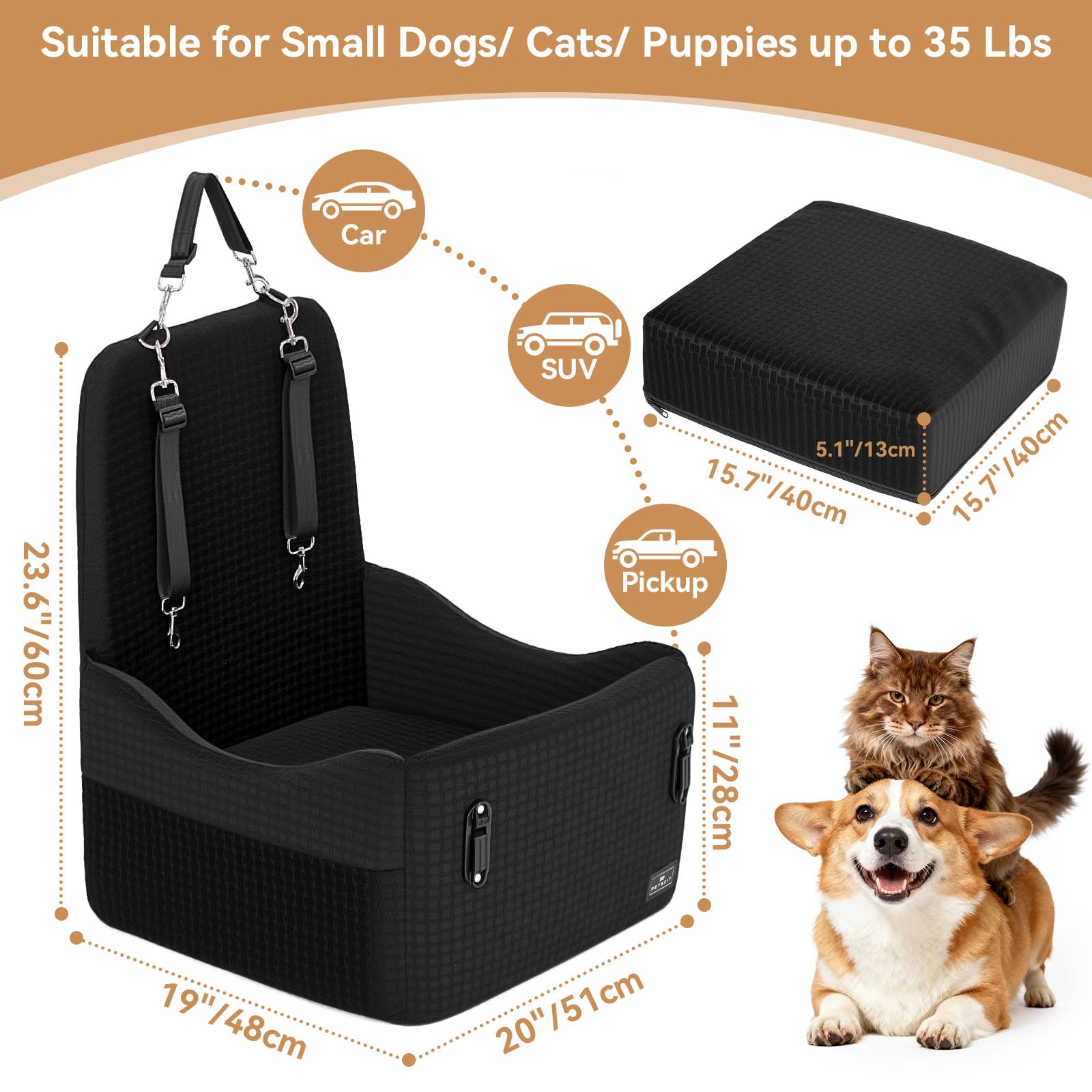 PETSFIT Hundesitz für Auto bis 15 kg – 13cm Memory Foam Booster, Sicherheitsgurt-System, abnehmbarer & waschbarer Bezug, Schwarz