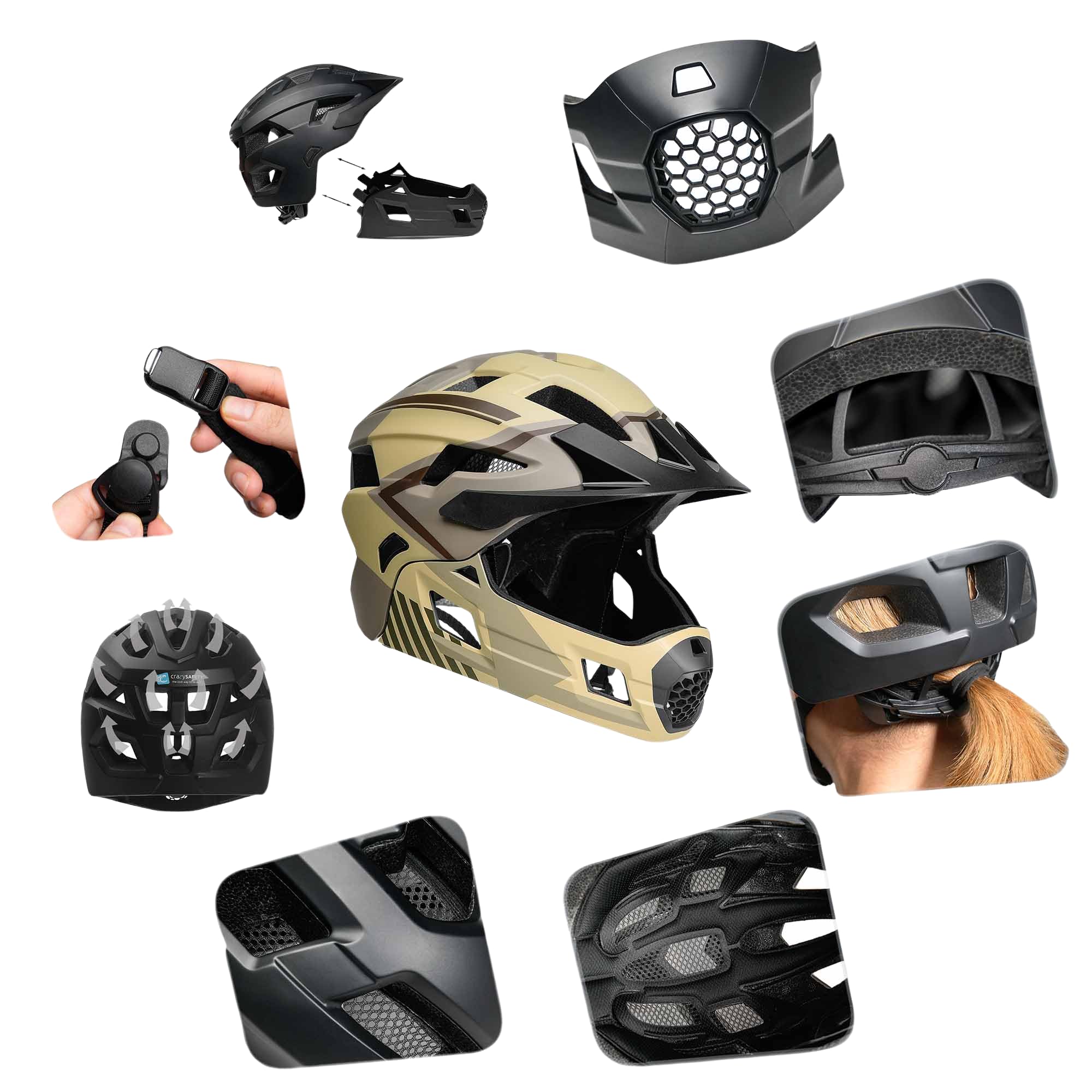 Crazy Safety Casque Vélo Intégral - Sable | pour VTT, BMX, Trottinette | Casque Enfant avec mentonnière Amovible | Casque intégral et Standard 2-en-1 | Casque de Motocross Taille M 54-57 cm