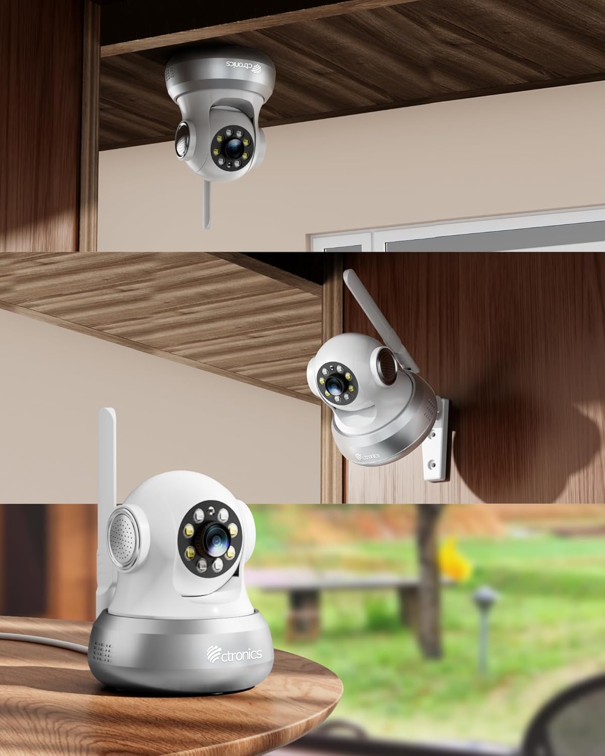 Ctronics camera shown in various mounting positions: tabletop, wall-mounted, and ceiling-mounted
