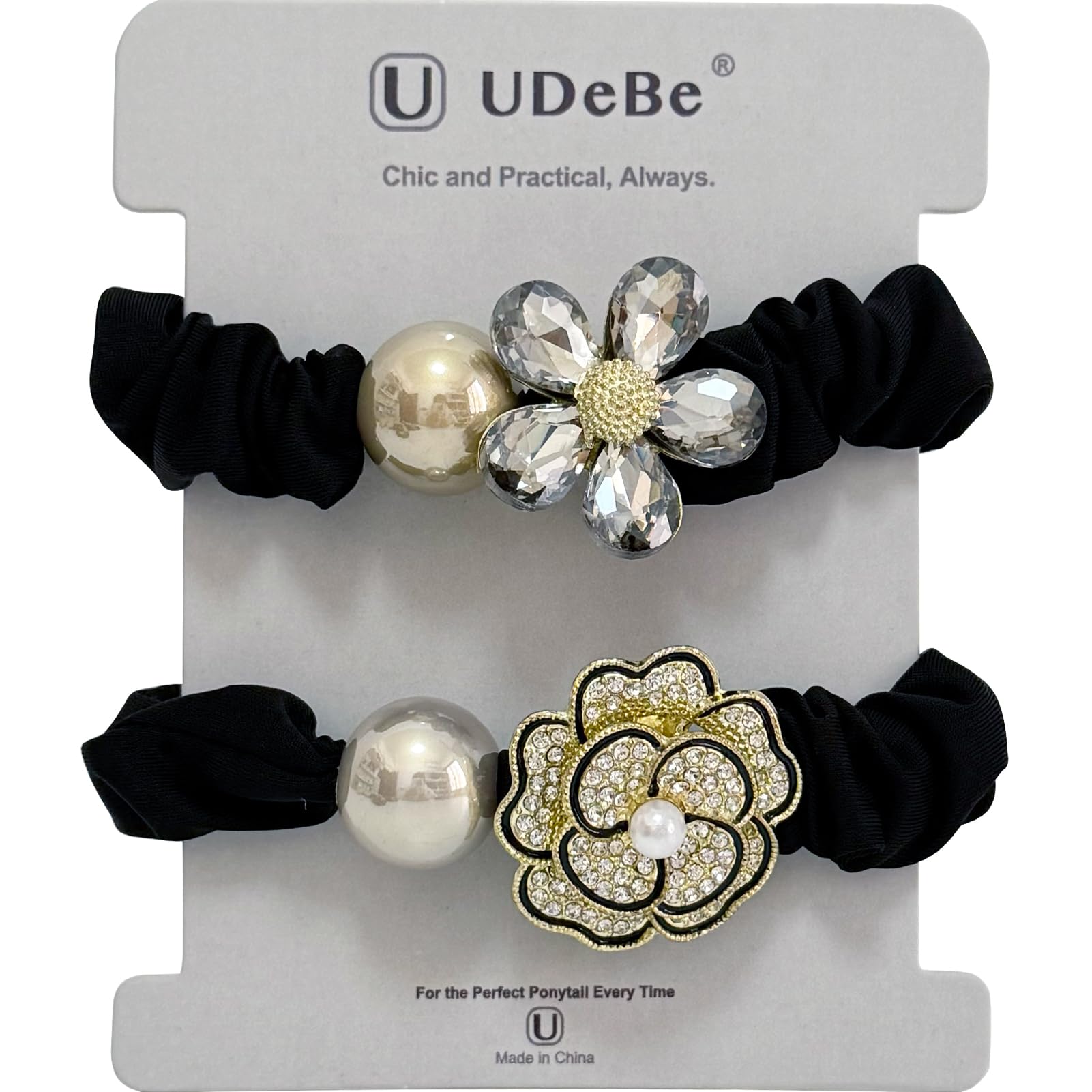 UDeBe Silk Scrunchies Hair Ties 2Packs – Super Soft Thin Hair Scrunchies, Gentle on Hair, Rose Flower Crystal Decorated Hair Accessories for Women