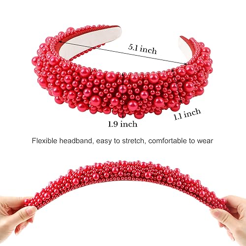 Miniatura 3 de Wecoe 1 diadema de perlas rojas para mujeres y niñas, diadema acolchada con cuentas gruesas, diadema de lujo, diadema de vacaciones, accesorios para