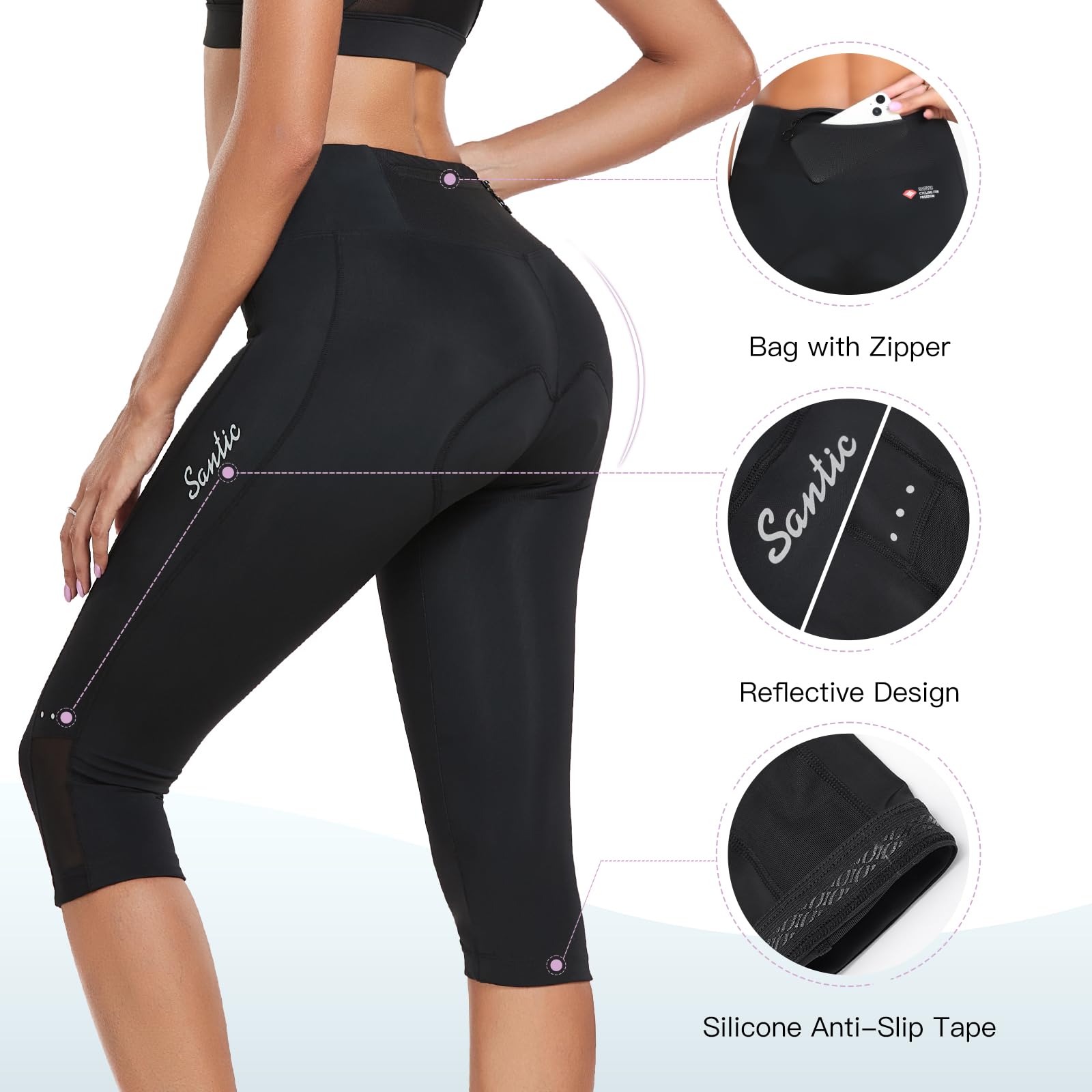 Santic Radlerhose für Damen, hohe Taille, 4D-gepolstert, Capri-Shorts, 3/4-Rad-Leggings, Strumpfhose mit Taschen