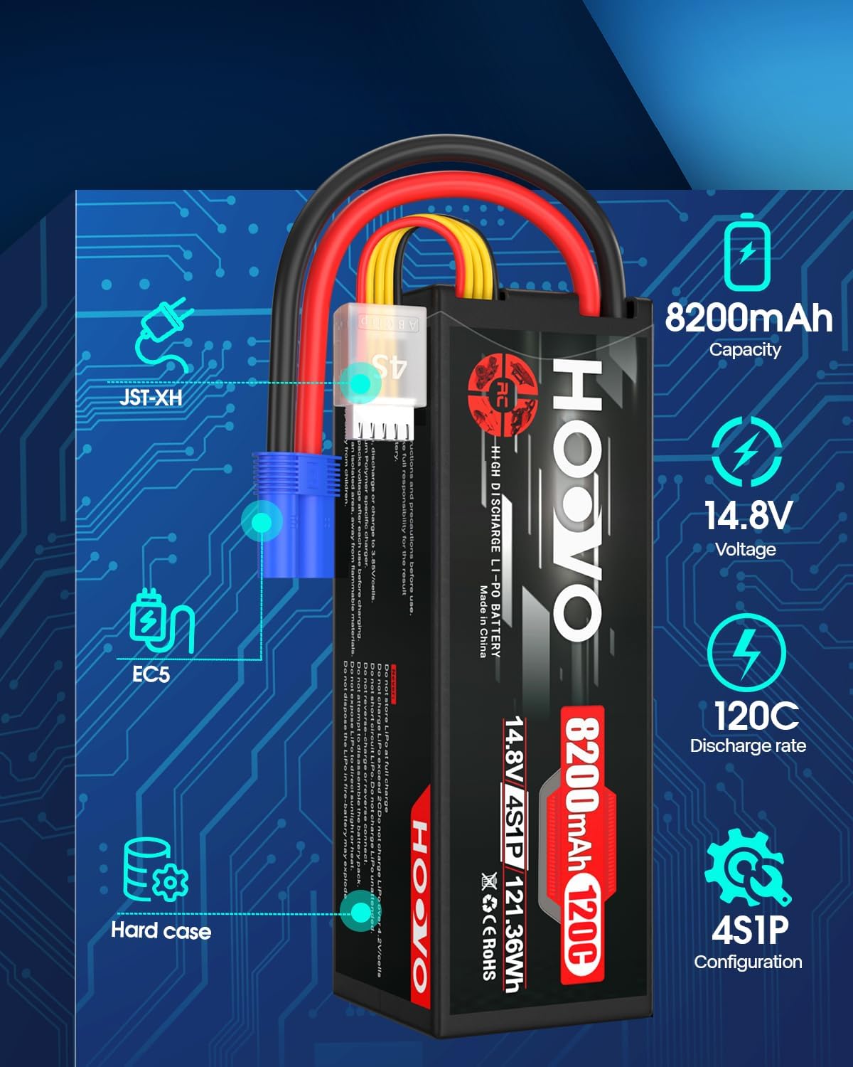 HOOVO 4S 14.8V LiPo Battery 8200mAh 120C RC Battery Pack Compatible with Arrma Losi DBXL-E RC Buggy Truggy Car Truck Boat(2 Pack)