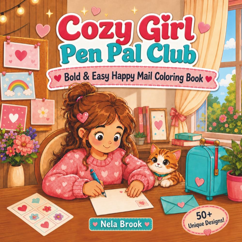 Cozy Girl Pen Pal Club: Bold & Easy Happy Mail Coloring Book for Teens & Adults with 50+ Unique Designs for Relaxation