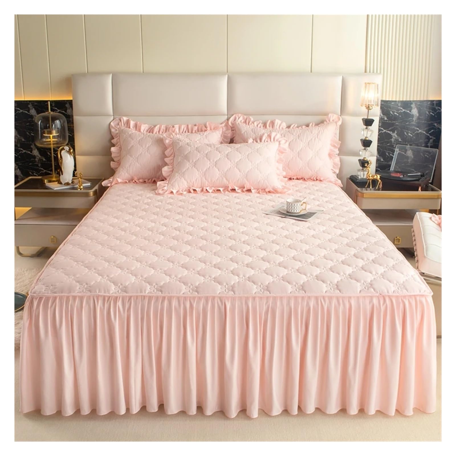 Bed skirt Thickened Bed Skirt Solid Color Cover Quilted Mattress Protector Skin-friendly Bedspread No Pillowcase(COLOR 3,180x220cm 1pc)