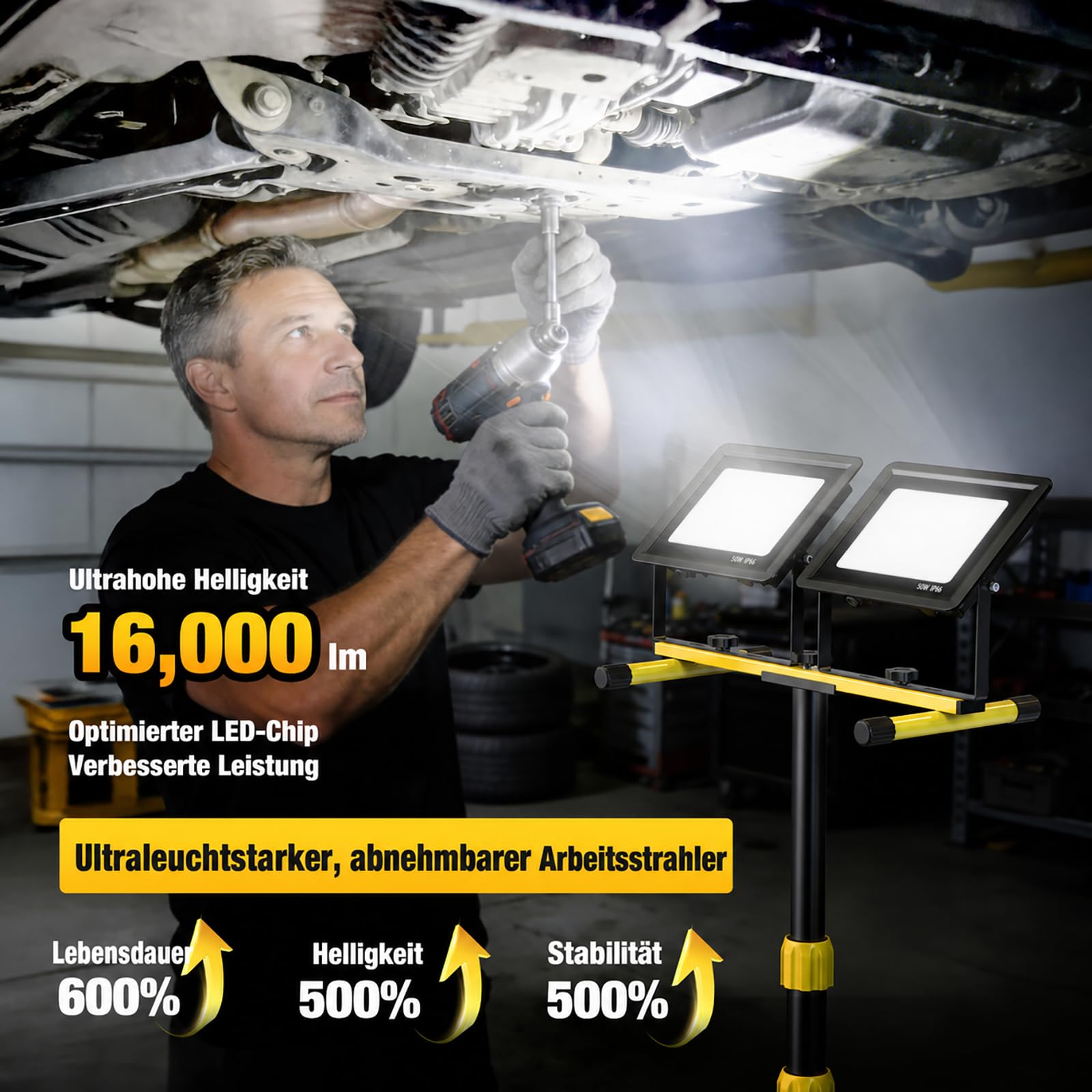 Reflektor budowlany LED 2 x 50 W, lampa robocza LED z wtyczką