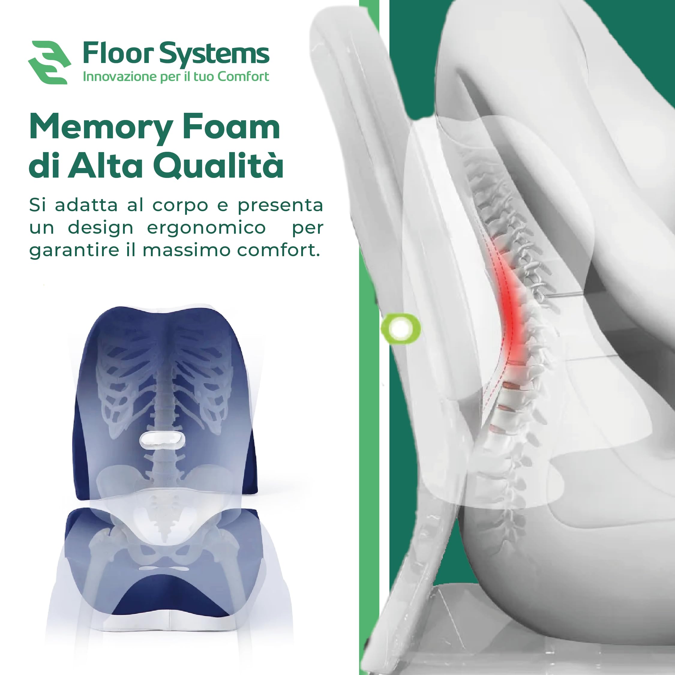 Floor Systems Cuscino Lombare per Auto Memory Foam Doppio Uso Sedia Ufficio | Cuscino auto guidatore, cuscino per ufficio schiena e memory foam per seduta. Doppio uso: coccige e glutei o schiena lombare