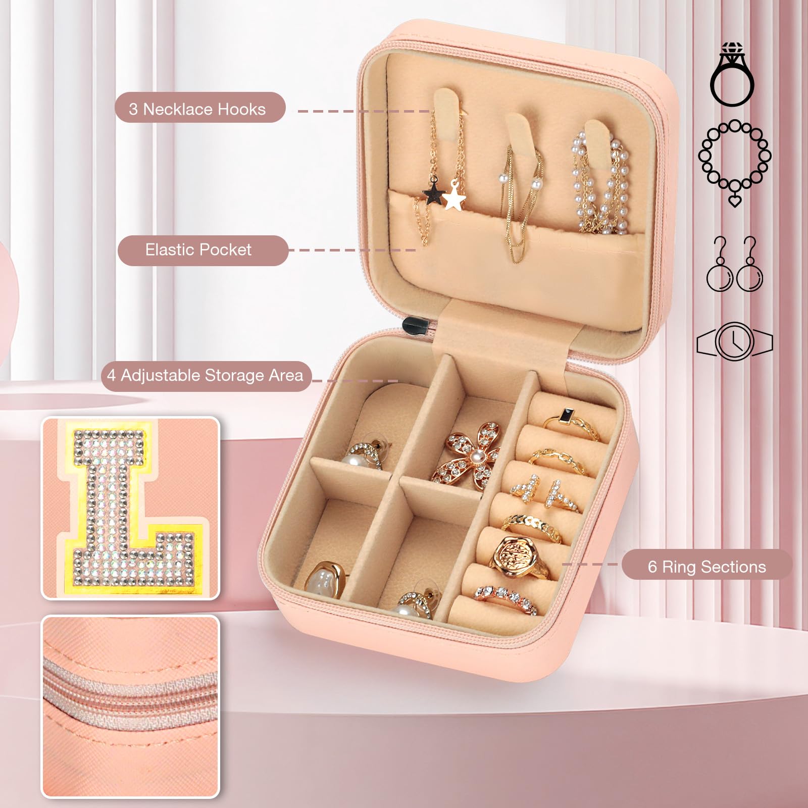 VINATO Portagioielli Personalizzabile con Lettere Diamantate 10x10x5 cm DIY Scatola Porta Gioielli da Viaggio in Pelle PU Rosa