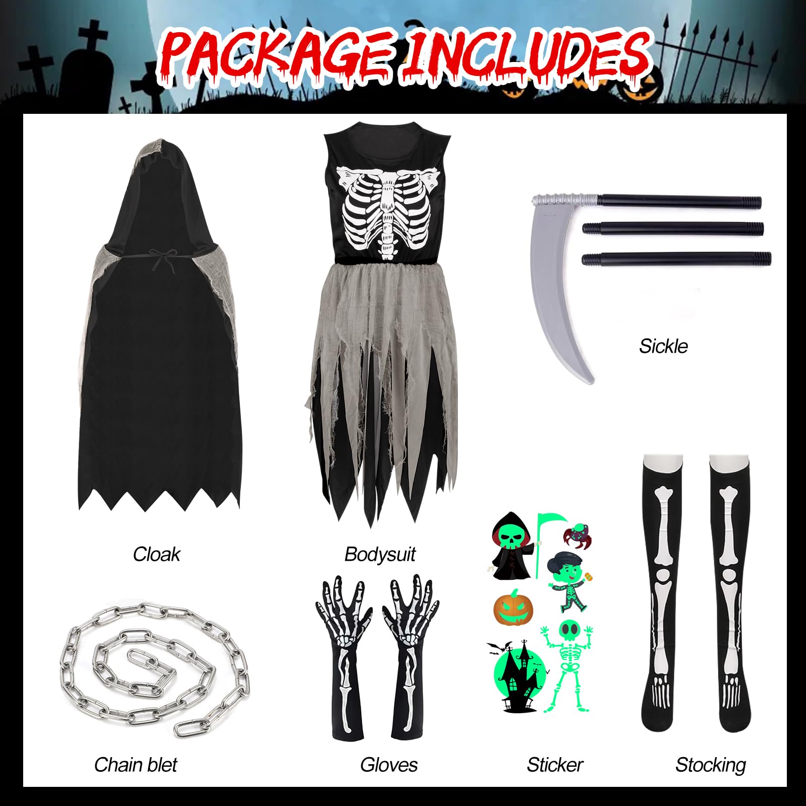 Grim Reaper Costume Kids Girls Skeleton Costume Kids 12-13-14 Years Halloween Grim Reaper Robe Death Skeleton Dress Girls Grim Reaper Cloak Black Halloween Scythe Gloves Skeletons (XXL (12-14 Years)) - Image 3
