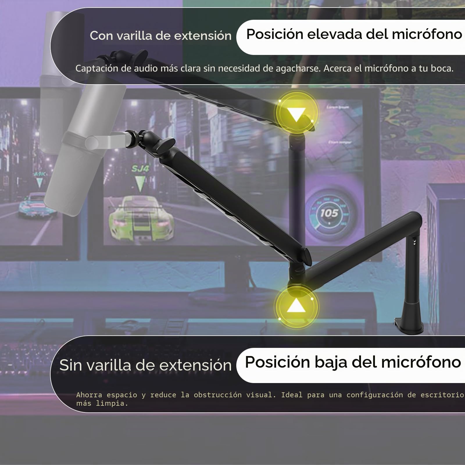 Brazo de Micrófono con Barra de Extensión Adicional, Ajustable 360° Giratorio Brazo de Micrófono con Adaptadores 1/4", 3/8" y 5/8" Brazo para Podcast, Escenario o Estudio en Casa