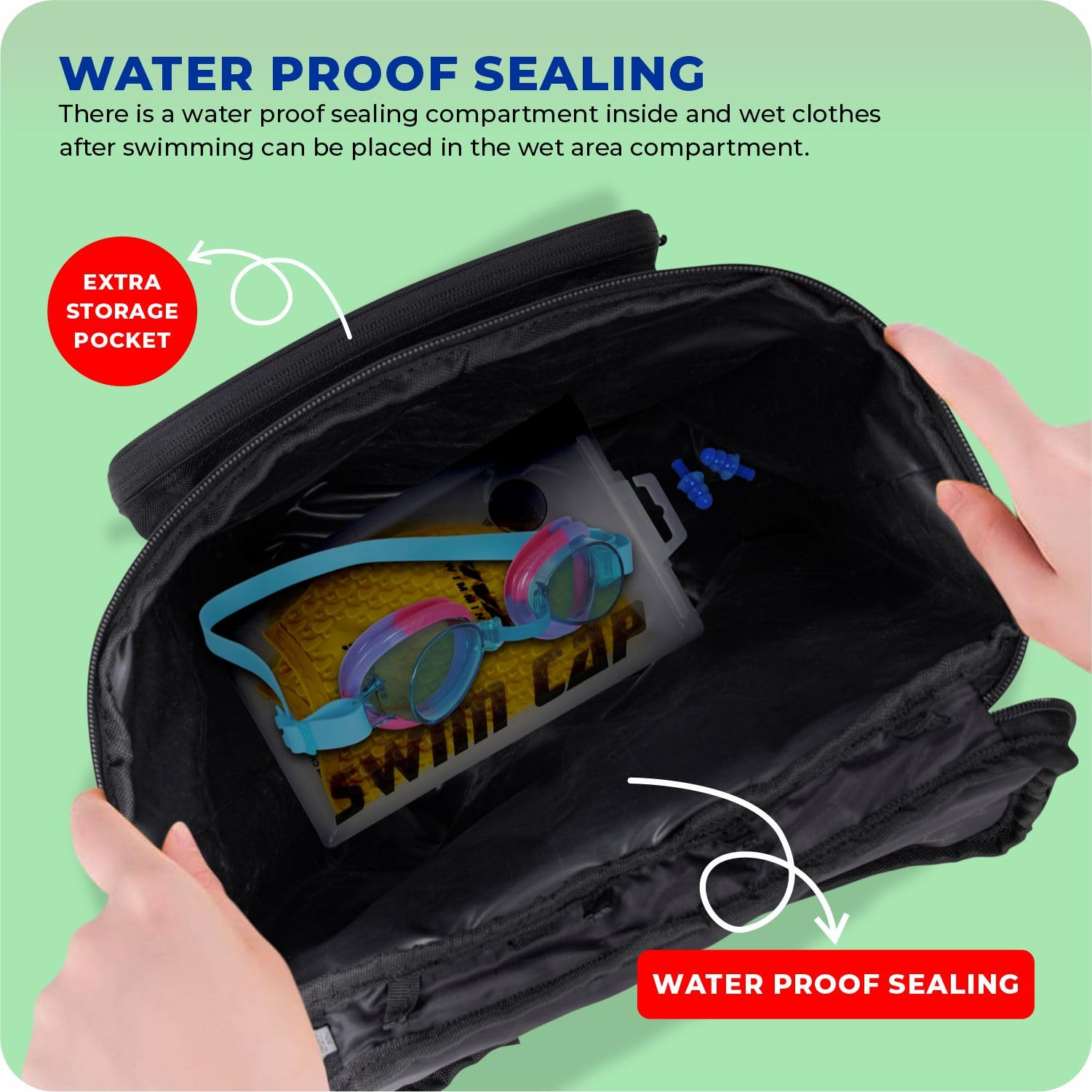 Viva Swimming Marine Kit Bag for Men/Women/Kids Accessories Goggle Cap Kickboard Water Proof with Compartments Big Mesh Water Proof Backpack for Swimming, Gym, Workout Gear & Travel Backpack(Black) 4