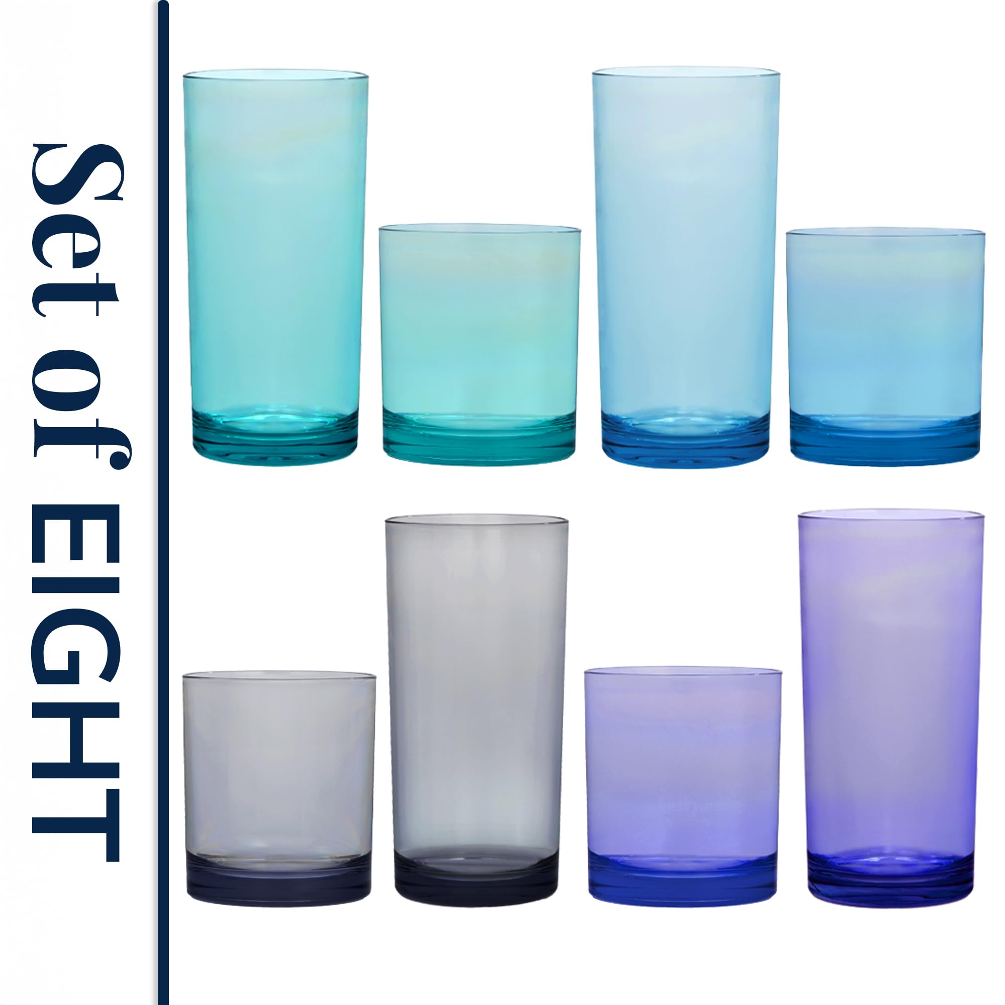 US Acrylic Vasos clásicos reutilizables de plástico (juego de 8) rocas de 12 onzas y vasos de agua de 16 onzas en colores costeros, vasos sin BPA, fabricados en Estados Unidos, aptos para lavavajillas