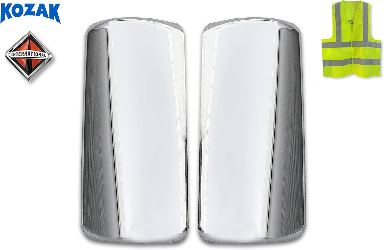 KOZAK Chrome Door Mirror Covers Pair Set (Left Driver Side and Right Passenger Side) Compatible with International LT625 Trucks PLUS Logo and Kozak Reflective Vest