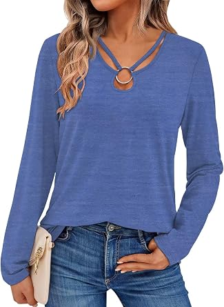 Gihgoew Womens Long Sleeve Tops Keyhole Neck Neck Shirts Fall Cute Tees