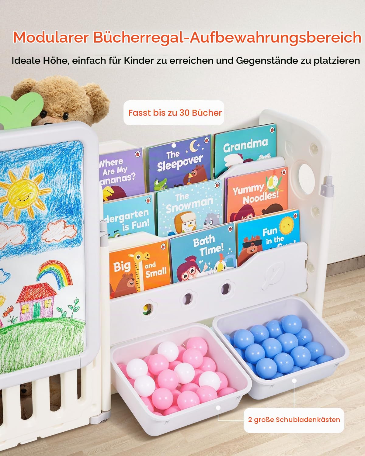 VEVOR Spielzeugaufbewahrung Bücherregal Spielzeugregal HDPE, 4-stöckige multifunktionale Ablage mit 10 flexiblen Kunststoffbehältern & Zeichenbrett, für Schlafzimmer Klassenzimmer (Grau + Beige)