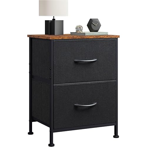 WLIVE Nightstand, 2 Drawer Dresser for Bedroom, Small Dresser with 2 Drawers, Bedside Furniture, Night Stand, End Table with Fabric Bins for Bedroom, Closet, Entryway, Black and Rustic Brown