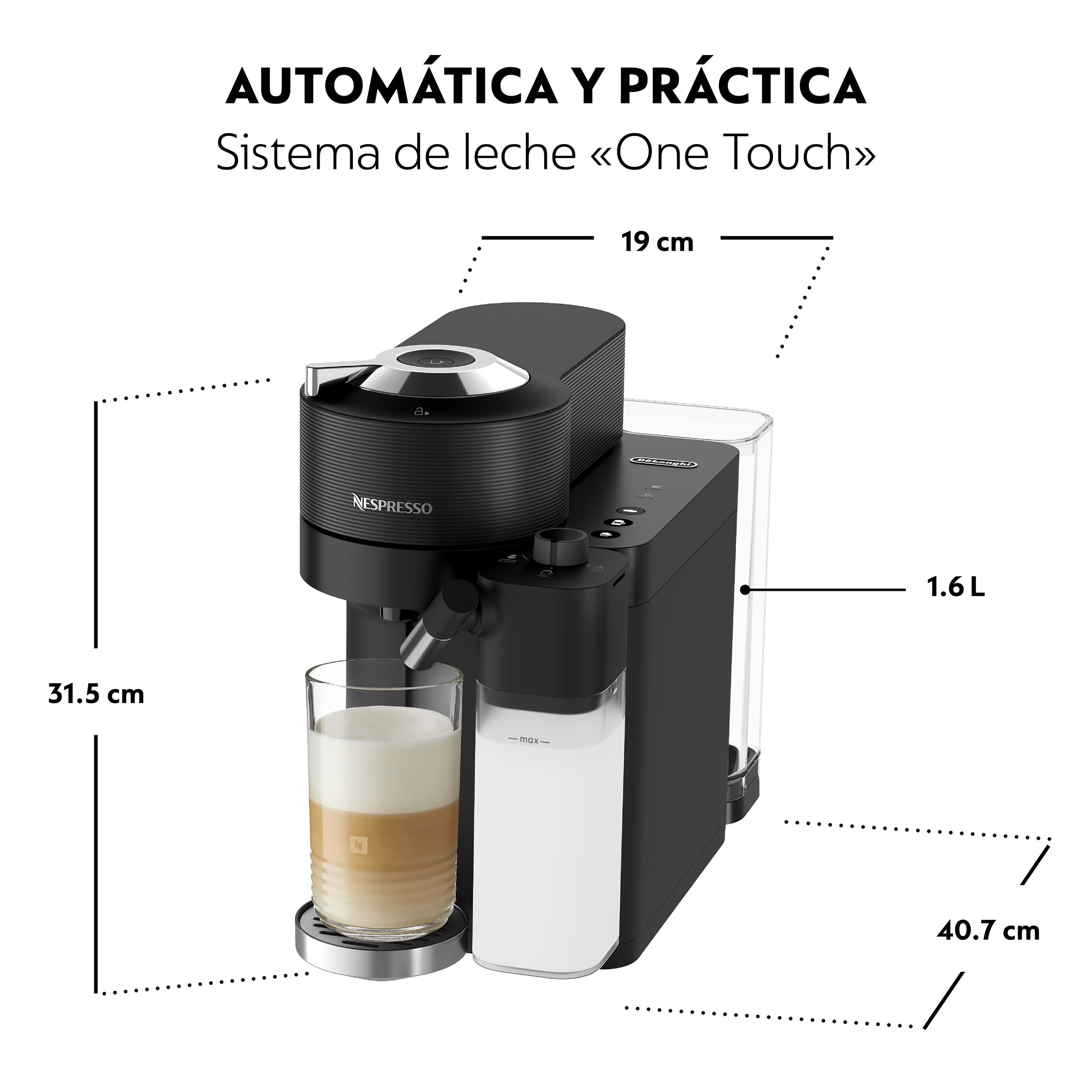 De'Longhi Nespresso Vertuo Lattissima ENV300.B, Máquina de Café Automática con Espumador de Leche Automático, Cafetera de Cápsulas Individual, 5 Tamaños de Taza, 1500W, Negro Mate y Brillante | Cafetera con sistema de leche integrado, 5 tamaños de taza, c