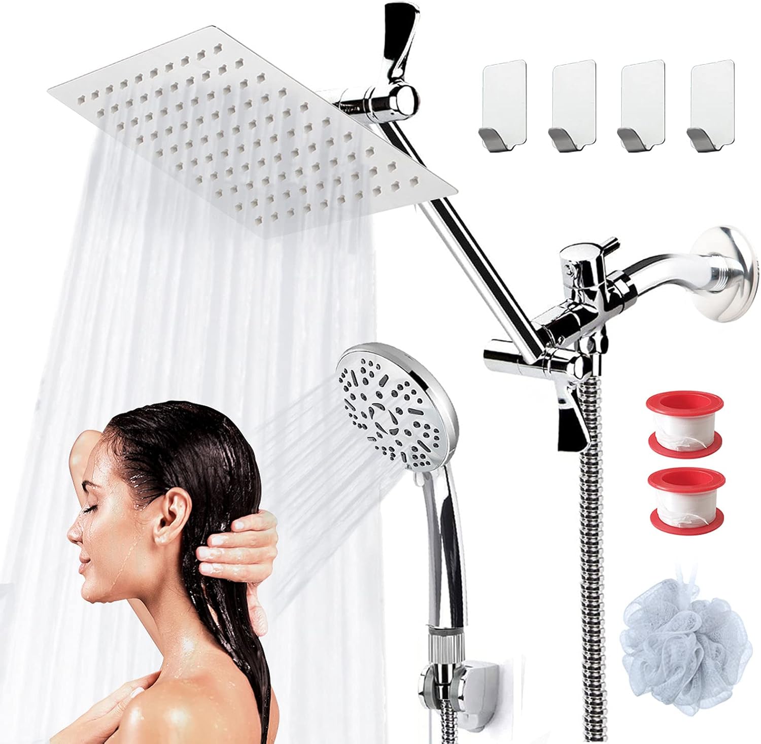 COSYLAND 8'' Rainfall Shower Head with Handheld Combo High Pressure 9 Settings with 11'' Extension Arm 60" Hose, Stainless Steel with Chrome Finish Bath Showerhead, Height/Angle Adjustable,Chrome COSYLAND 8'' Rainfall Shower Head with Handheld Combo High Pressure 9 Settings with 11'' Extension Arm 60" Hose, Stainless Steel with Chrome Finish Bath Showerhead, Height/Angle Adjustable,Chrome
