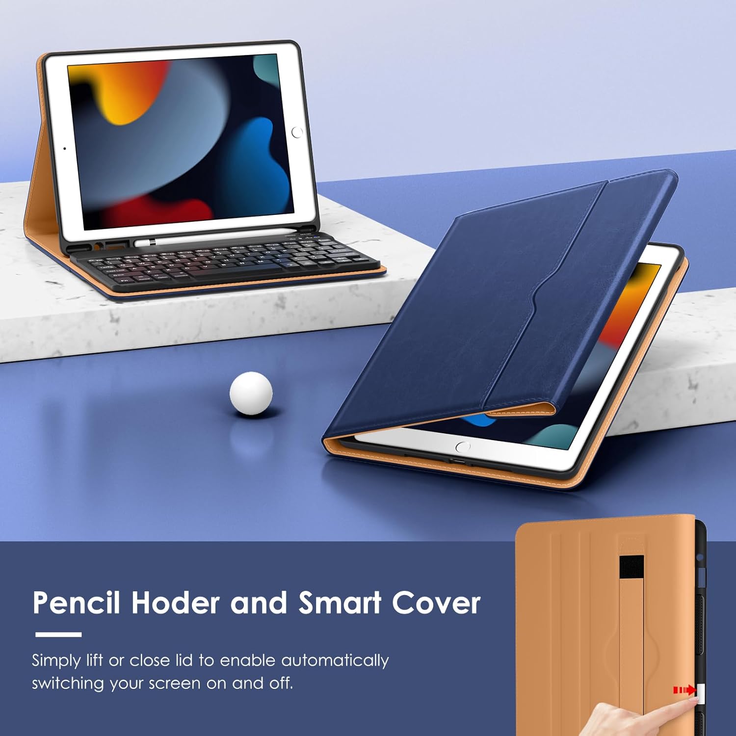 VIKESI Keyboard Case for iPad 9th / 8th / 7th Generation 10.2 inch (2021/2020/2019), Premium Leather Smart Cover, Built-in Breathing Light, Function Row, Pencil Holder, Card Slots - Navy Blue