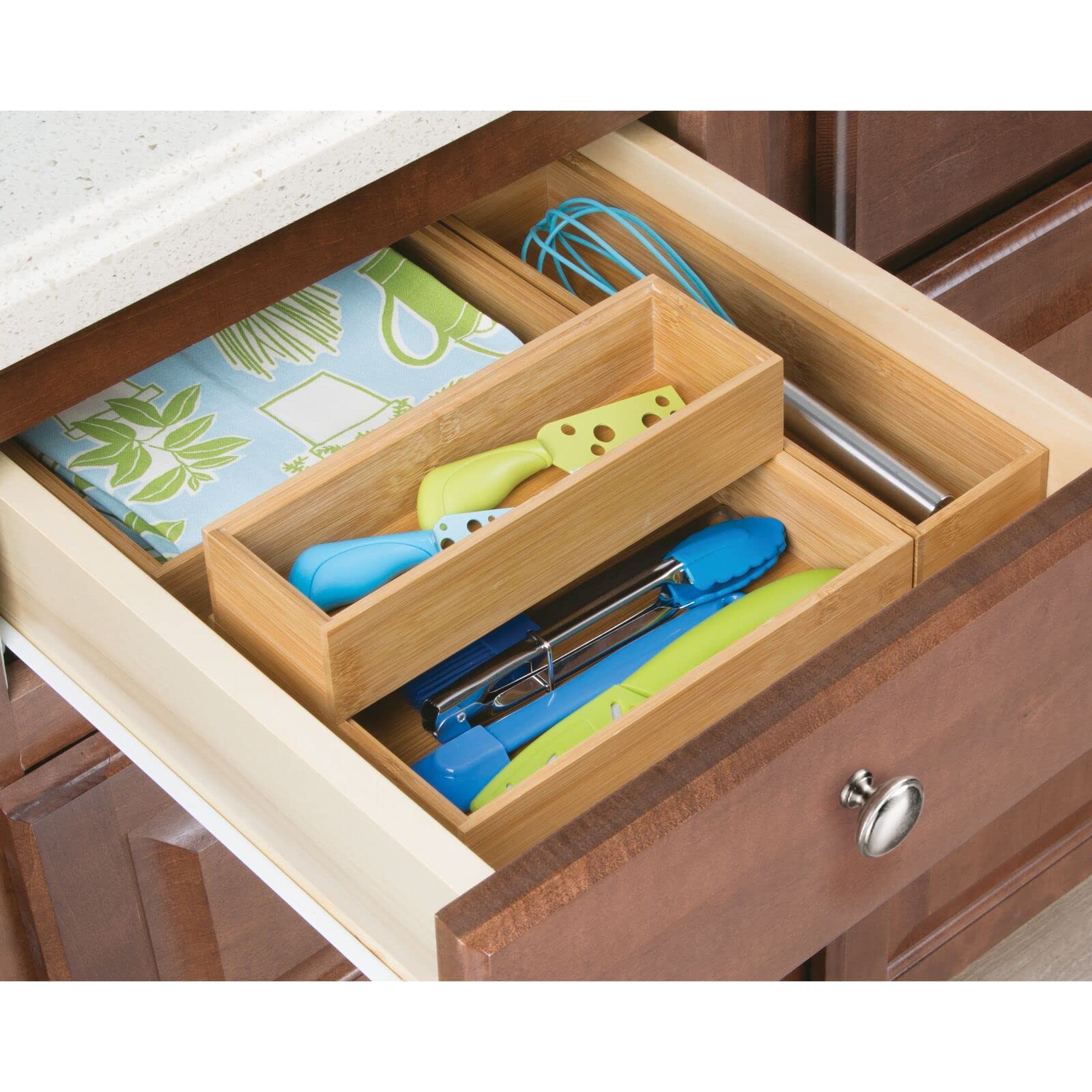 mDesign Set da 6 organizer ufficio larghi – Pratico contenitore ufficio in bambù per evidenziatori, promemoria e cancelleria – Organizer scrivania perfetti come divisori cassetti – naturale