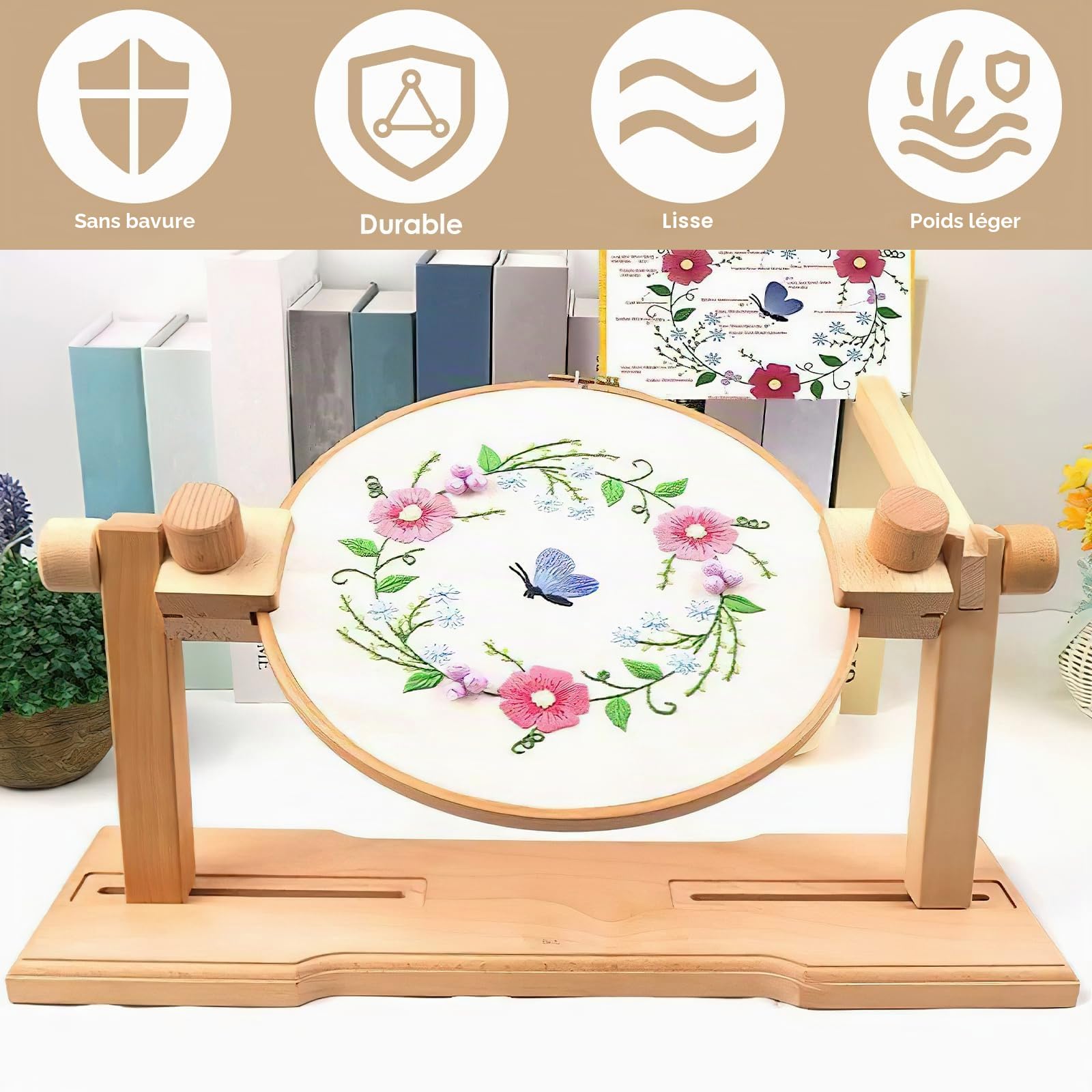 Support de cerceau de broderie réglable rotatif Porte-cadre de broderie rotation 360° Support de point de croix en bois de hêtre Support de broderie mains libres pour travaux manuels