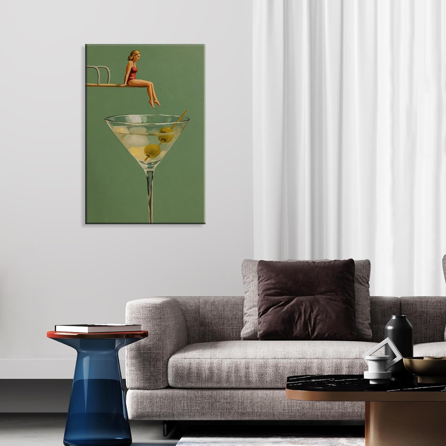 Vintage Surreal Martini Canvas Wall Art Funny Cocktail Diving Board Women'S Posters Trendy Sage Green Alcohol Aesthetic Prints Painting For Home Kitchen Dorm Wall Decor 16x24in Framed
