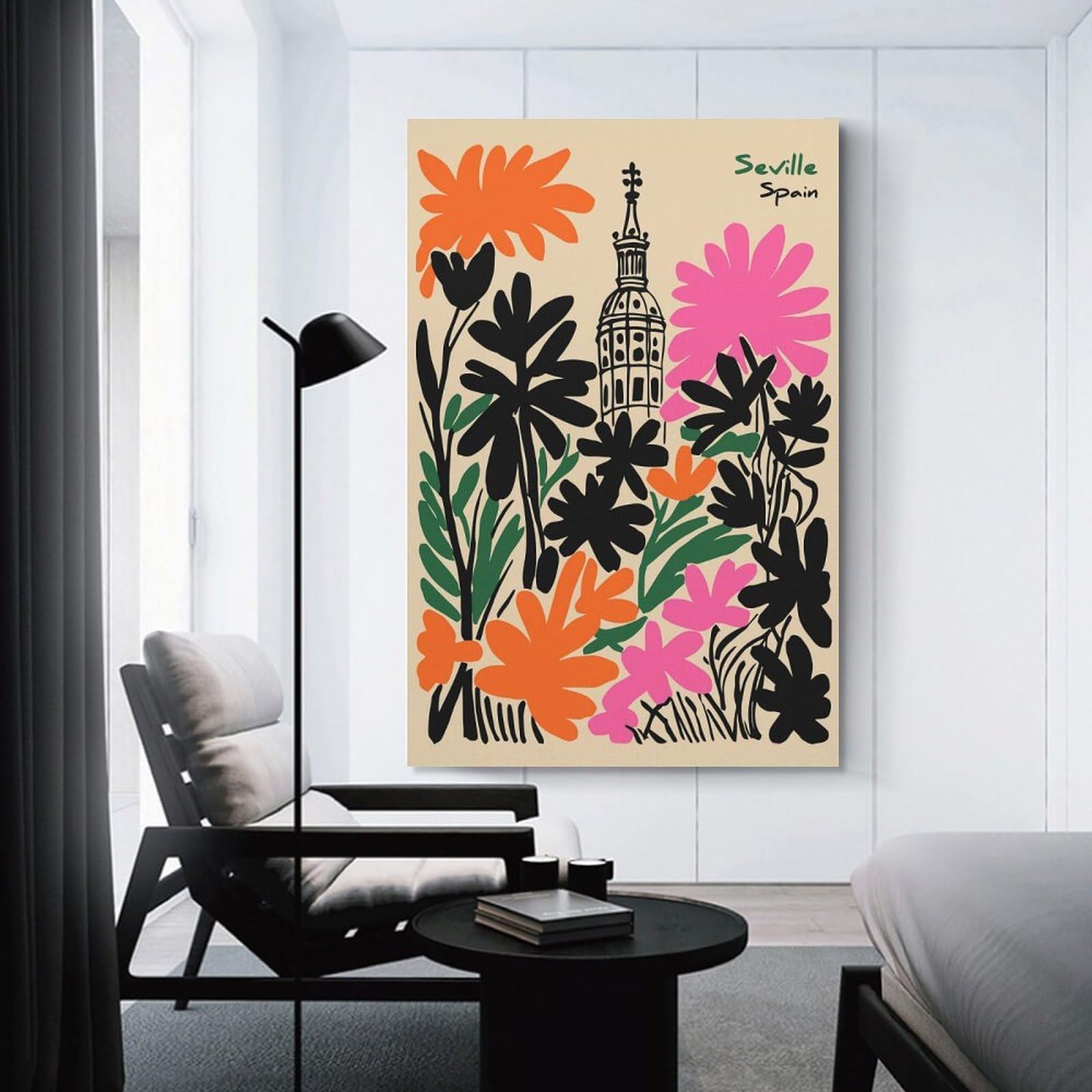 Junmoney Seville Spain Floral Illustration Wall Picture Print 20x30inch(50x75cm), for Lounge Decor, Offices Or Entryway Styling, A Flexible Wall Accent for Shared Spaces