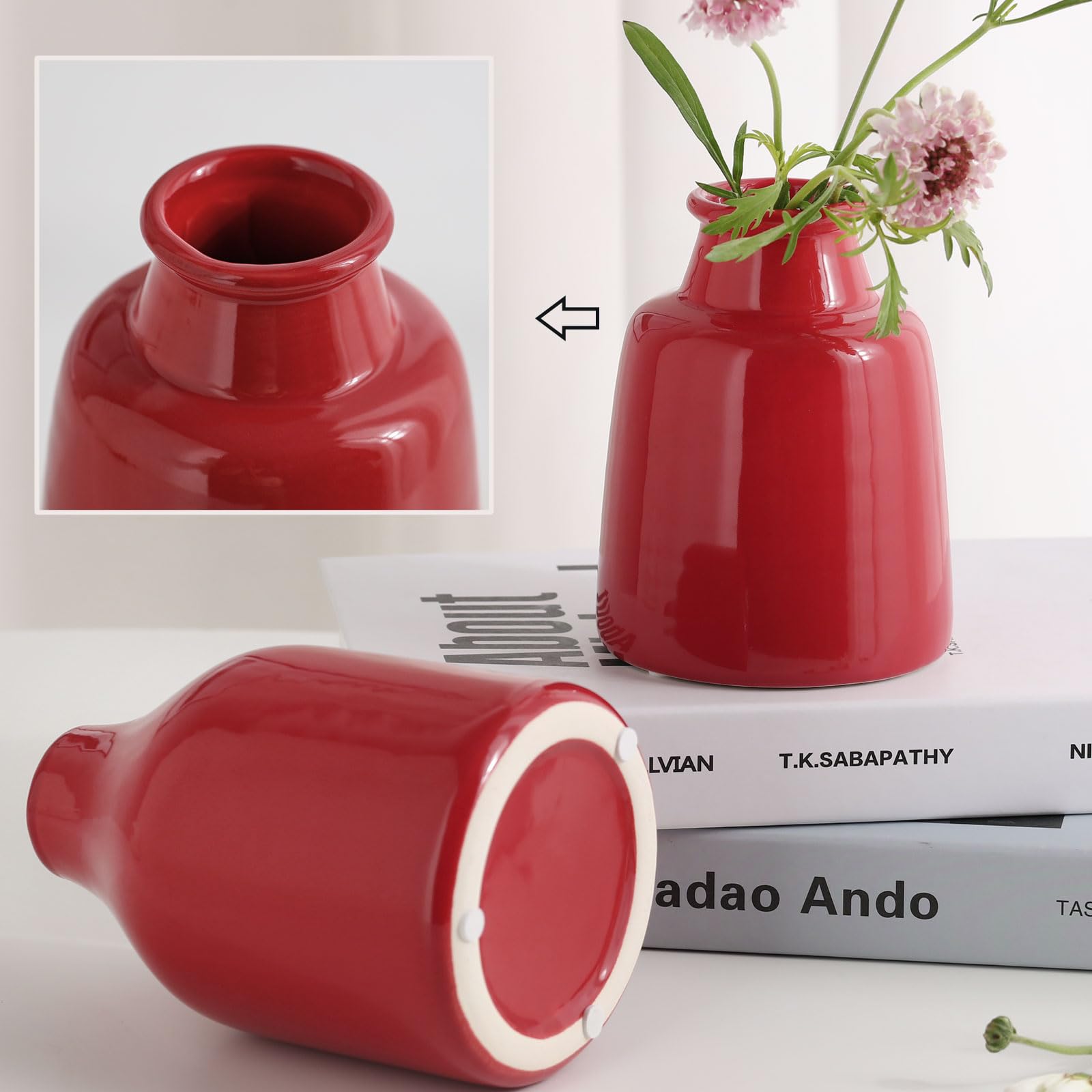 Set di 3 piccoli vasi rossi per decorazioni moderne della casa, vasi in ceramica per centrotavola, vasi da fiori per soggiorno, matrimoni, tavolo da pranzo/feste, rosso