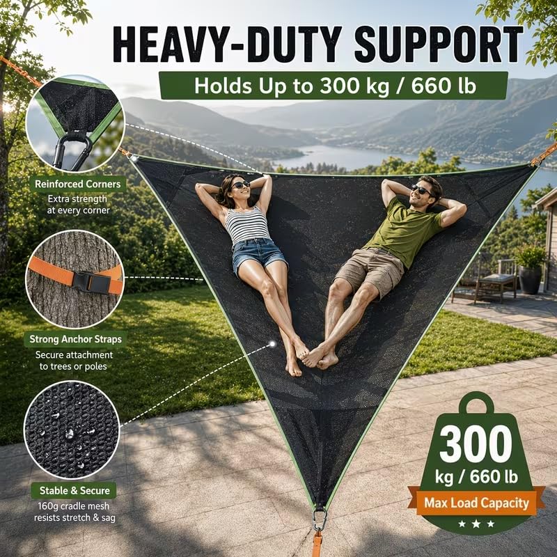XIYU Dreieck Hängematte,Camping Hängematte für 2-3 Personen, Tragbare Outdoor Hängematte für Erwachsene mit 3 Gurten und Mesh-Taschen,Belastbar bis 400 lbs,für Garten,Camping,Reisen, 2,8 x 2,8 x 2,8 m