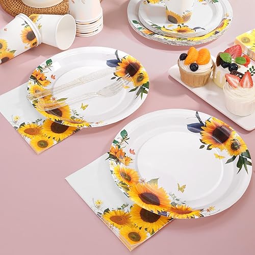 Miniatura 6 de Decoraciones de fiesta de girasoles 168 platos de girasol y servilletas, suministros de fiesta, platos de papel amarillo con purpurina dorada para