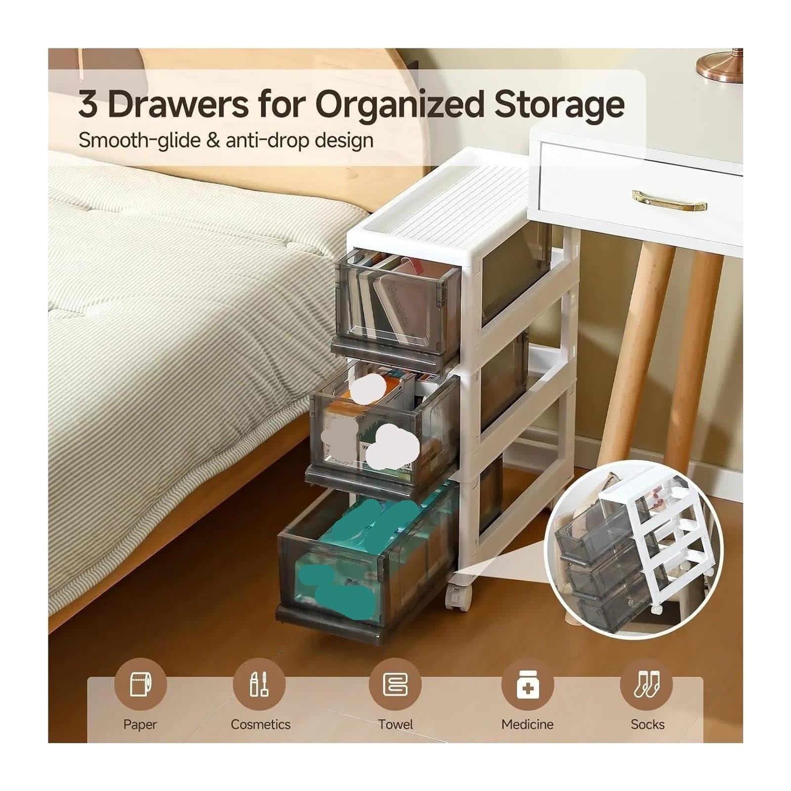 Chariot organisateur de rangement en plastique avec roues