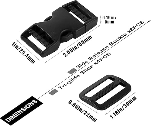 Miniatura 10 de Juego de 6 hebillas de plástico ajustables (paquete de 24), 6 hebillas de liberación lateral rápida, doble y 6 anillos en D y 12 clips deslizantes