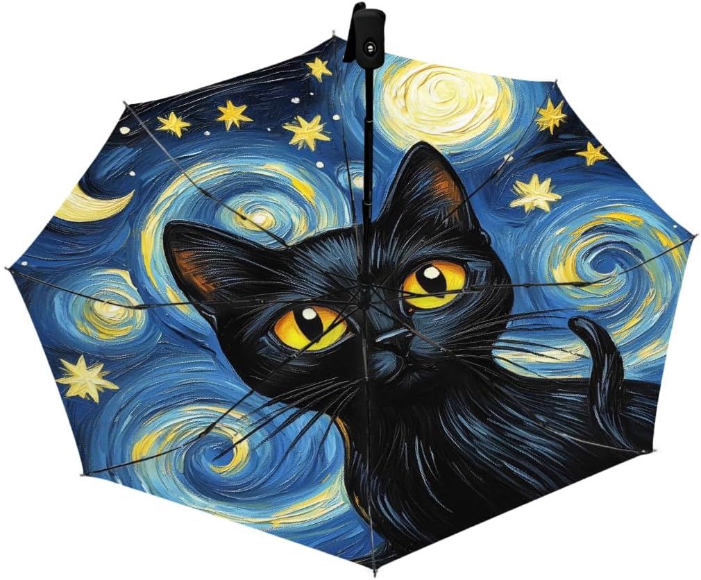 Black Cat Starry Night Folding Umbrella Windproof Compact Lightweight Travel Umbrella with 8 Reinforced Ribs, Portable UV Sun & Rain Protection for Men & Women