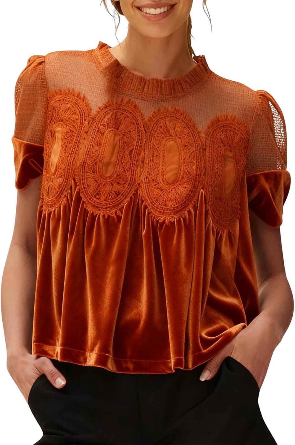 Women Lace Velvet Shirts Y2k Fashion Short Sleeves Mesh Crewneck Dressy Shirt Elegant Pleated T-Shirt Blouse Tops