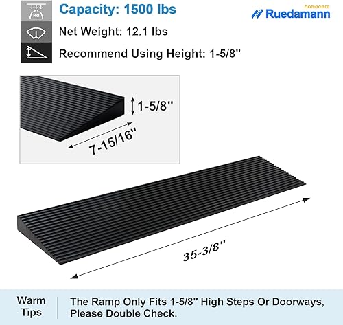 Miniatura 20 de Ruedamann - Rampa de umbral para silla de ruedas, capacidad de 1500 libras, goma natural, 35.4 pulgadas de ancho, antideslizante para puertas