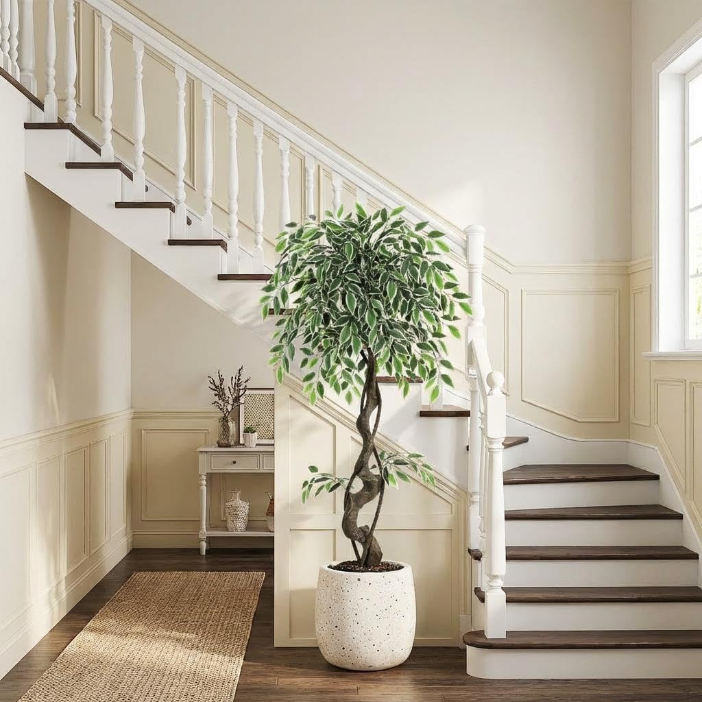 4ft Artificial Ficus Tree, Tall Fake Plants Indoor with White Planter & Pebbles, Realistic Variegated Silk Faux Tree with Natural Wood Trunk, Floor Plant for Living Room Corner, Home Office Decor