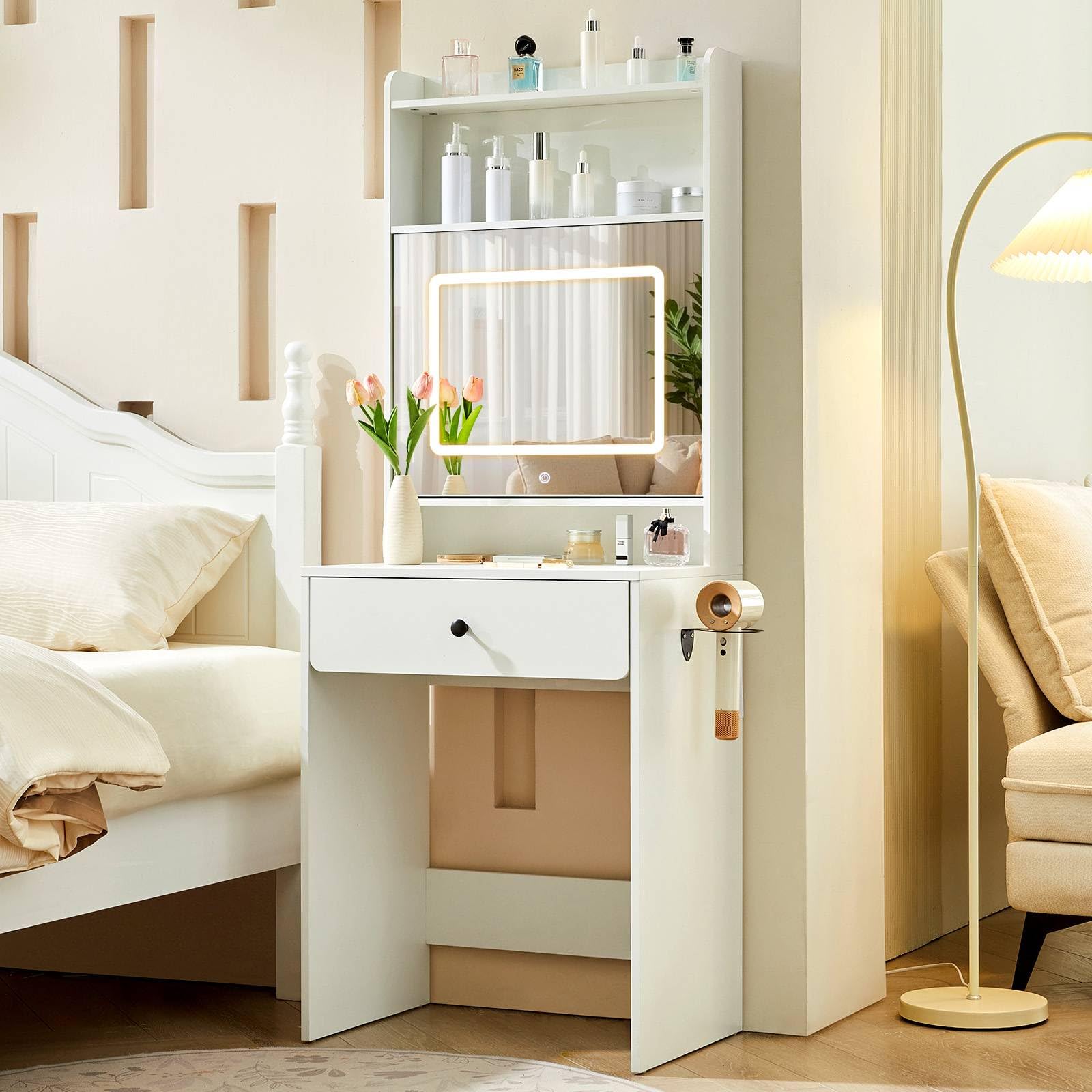LEMROE Dressing Table with Mirror and Led Lights, Compact Small Vanity Desk with Charging Station, Makeup Dresser with Adjustable Storage Shelves for Small Spaces Bedroom