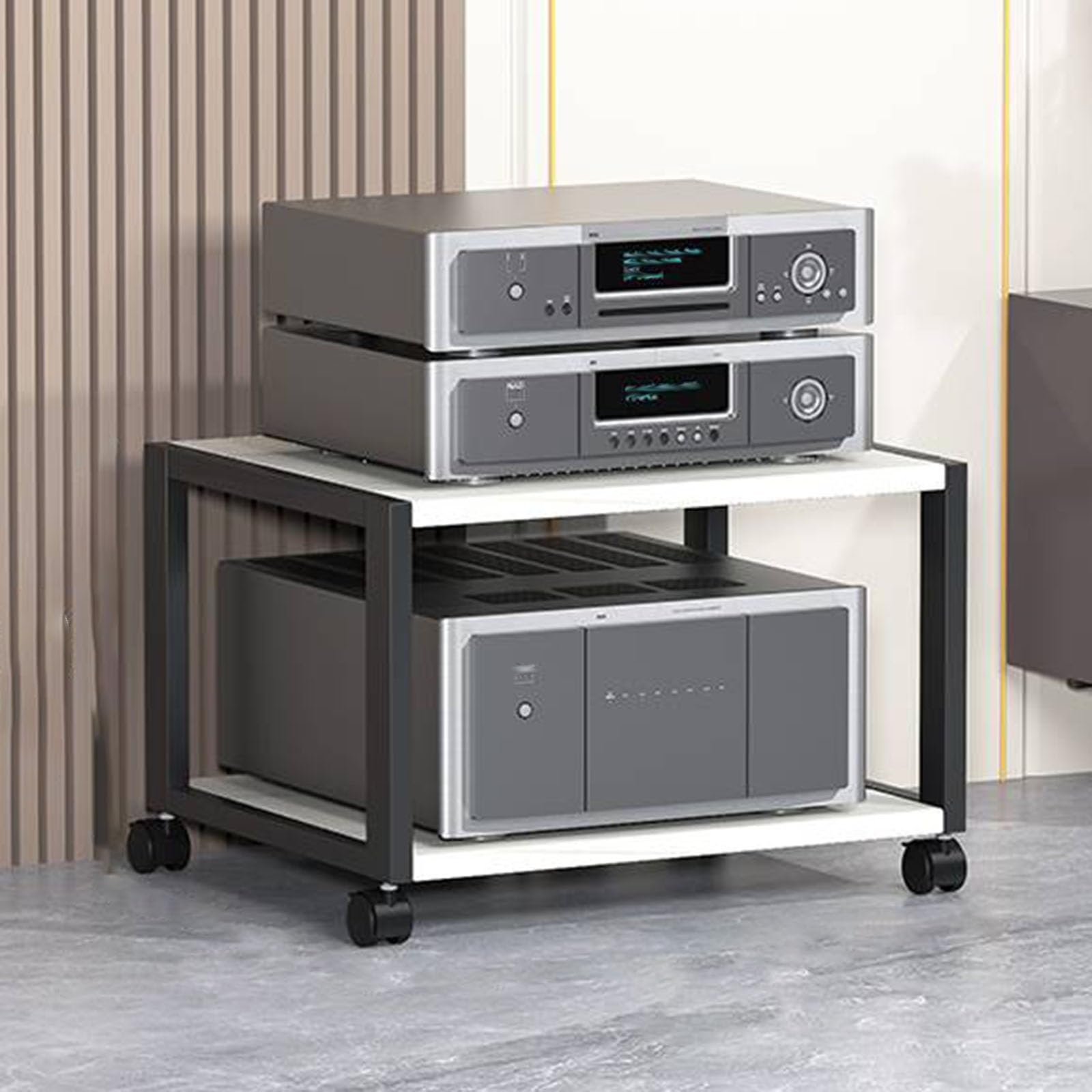 HiFi-Stereo-Regal für Wohnzimmer, 2-stöckig, AV-Media-Ständer auf Rädern, DVD-Player, Aufbewahrungsschrank, kompaktes Entertainment-Center für kleine Räume (weiß)