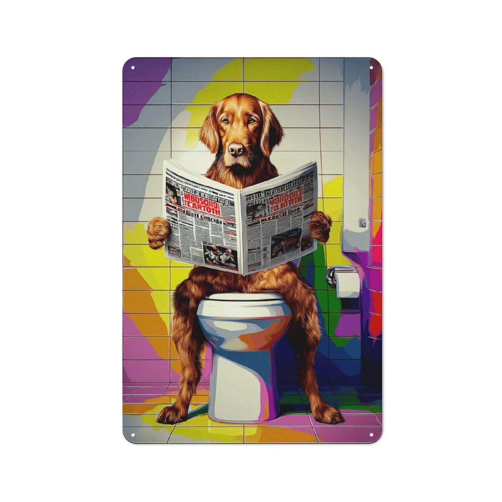 Junmoney Dog Reading Newspaper On Toilet-34 Metal Wall Sign 30X20cm Featuring For Hallway Wall, Suited To Wall Display Collectors