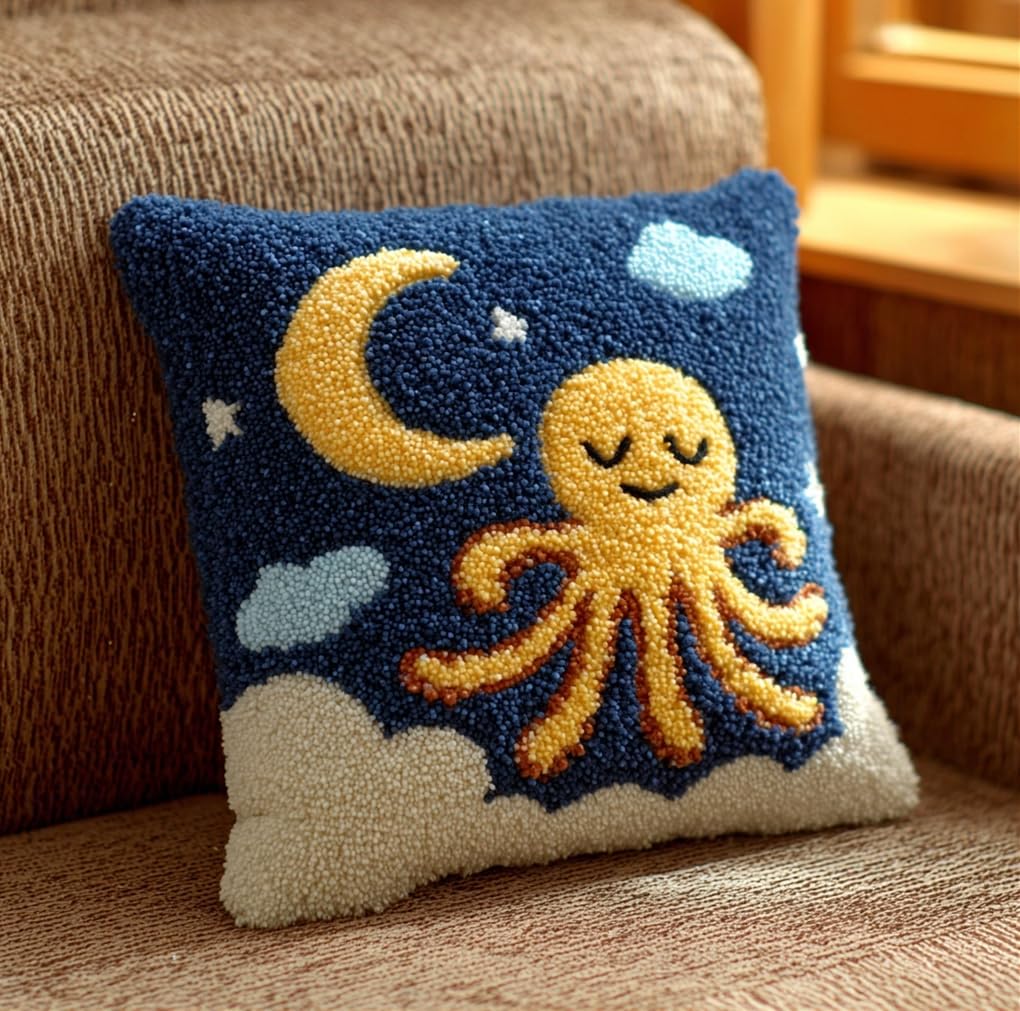 Taxpy Latch Hook Kits for DIY Throw Pillow Cover, Octopu and Moon Colorful Handmade Pillow Case Cross-Stitch Embroidery Cushion for Home Decoration, Festival 17X17Inch