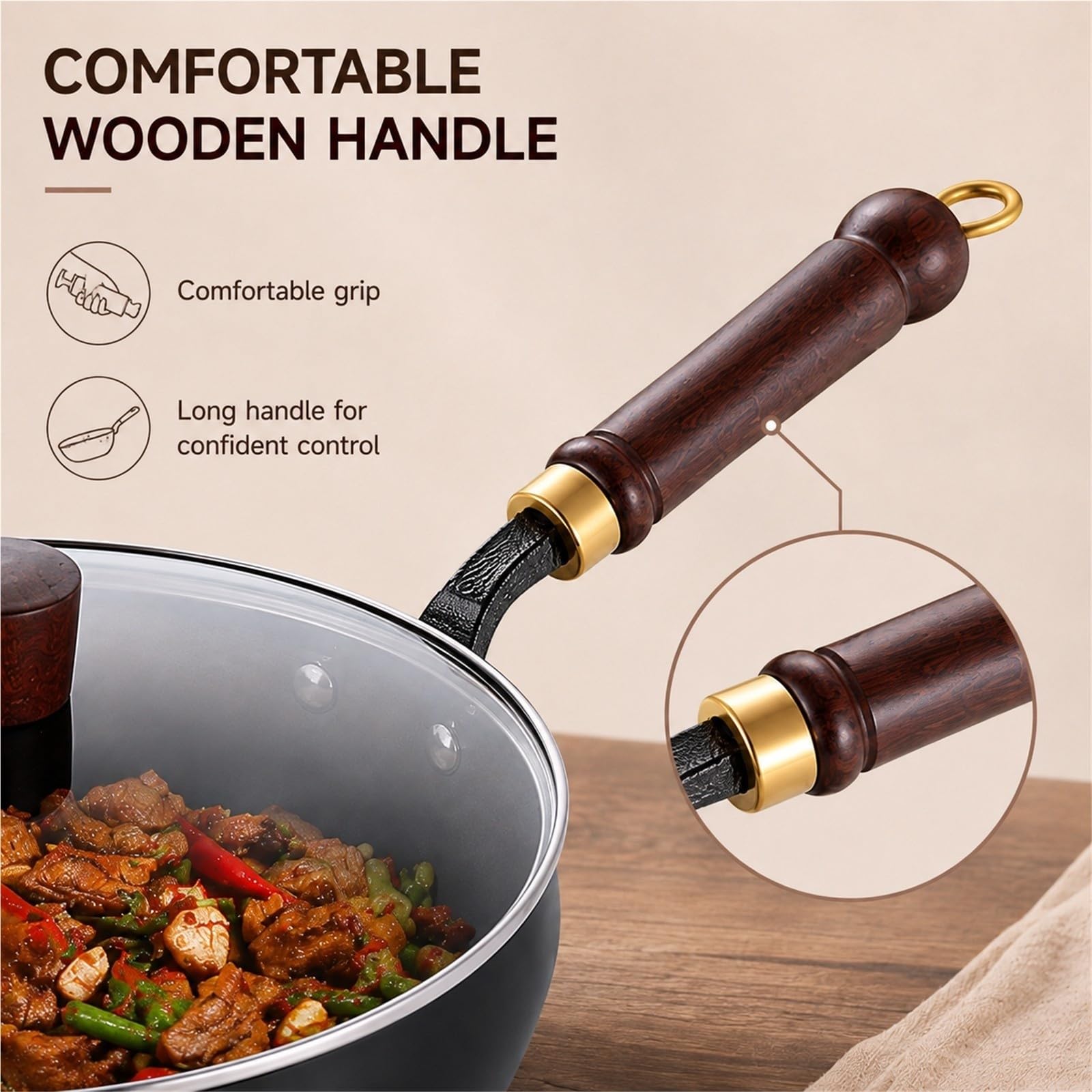 Wok hierro fundido grueso sin recubrimiento, tapa de madera y espátula