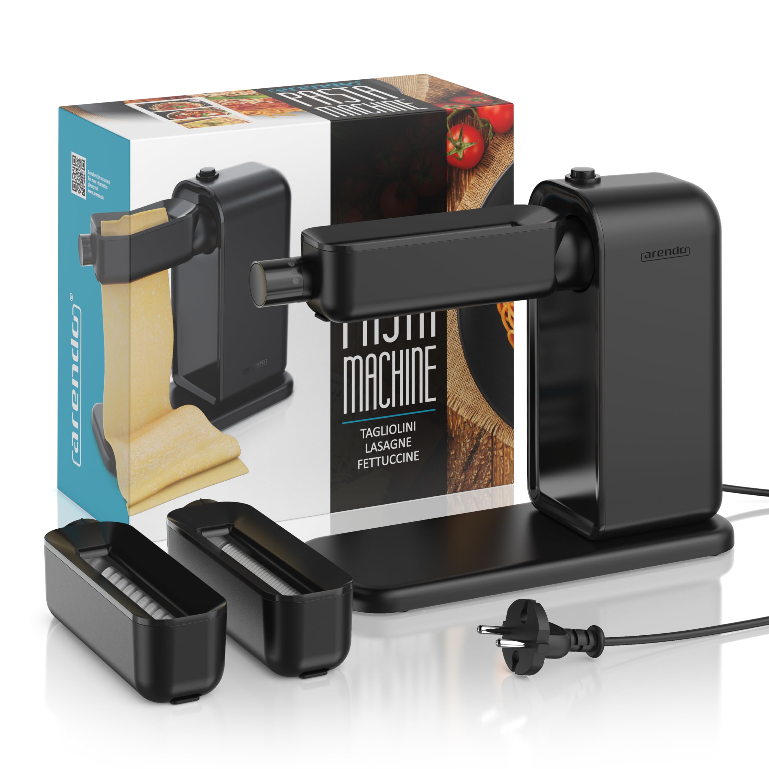 Arendo - Nudelmaschine elektrisch – Pasta Maker - 5 Stärken einstellbar – 120 Watt – Nudelwalze und 2x Pasta-Schneideinsätze 2 mm und 6 mm – Knetmaschine - schwarz matt