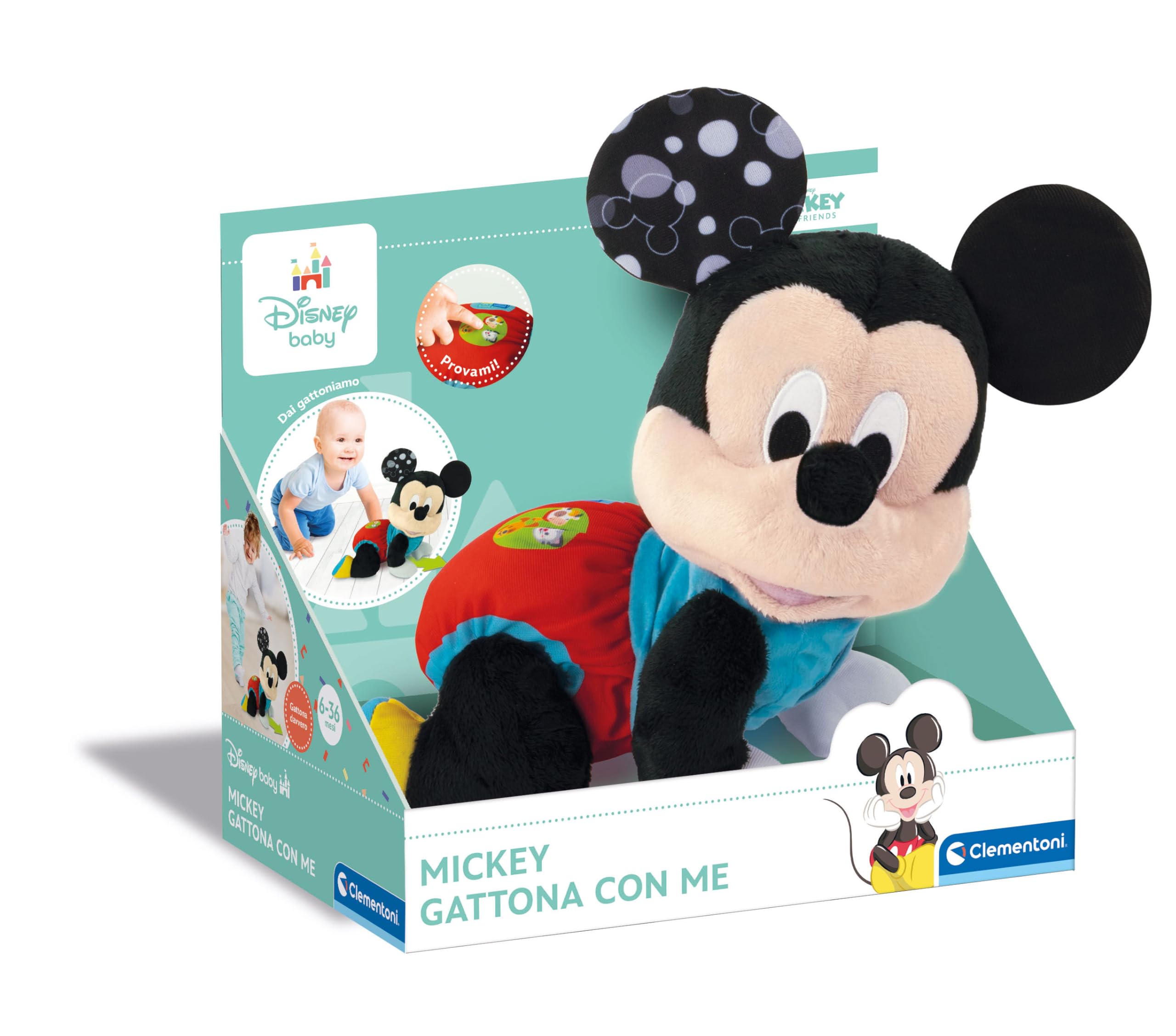 Clementoni Disney Baby Baby Mickey Gattona con Me, Topolino Peluche per Imparare a Gattonare, Gioco Prima Infanzia Bambini 6-36 Mesi, Insegna Numeri e Versi degli Animali, Lingua Italiana, 17991