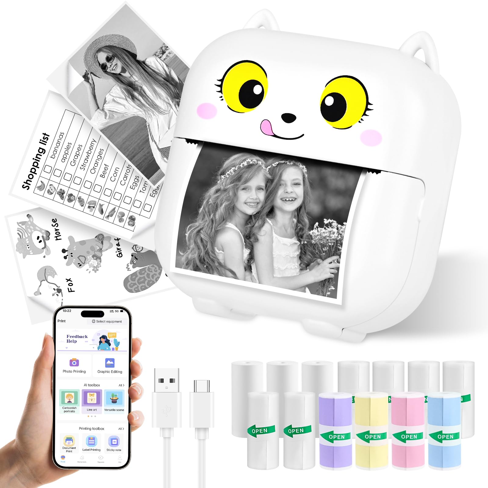 Mini drukarka, mobilna drukarka fotograficzna, przenośna bezprzewodowa drukarka termiczna z 13 rolkami, smartfon, drukarka Bluetooth do pomocy w nauce, notatek do nauki, dziennika