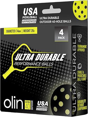 OLIN Ultra40 - Pelotas de pickleball ultraduraderas para exteriores, aprobadas por Estados Unidos, paquete de 4, color amarillo óptico
