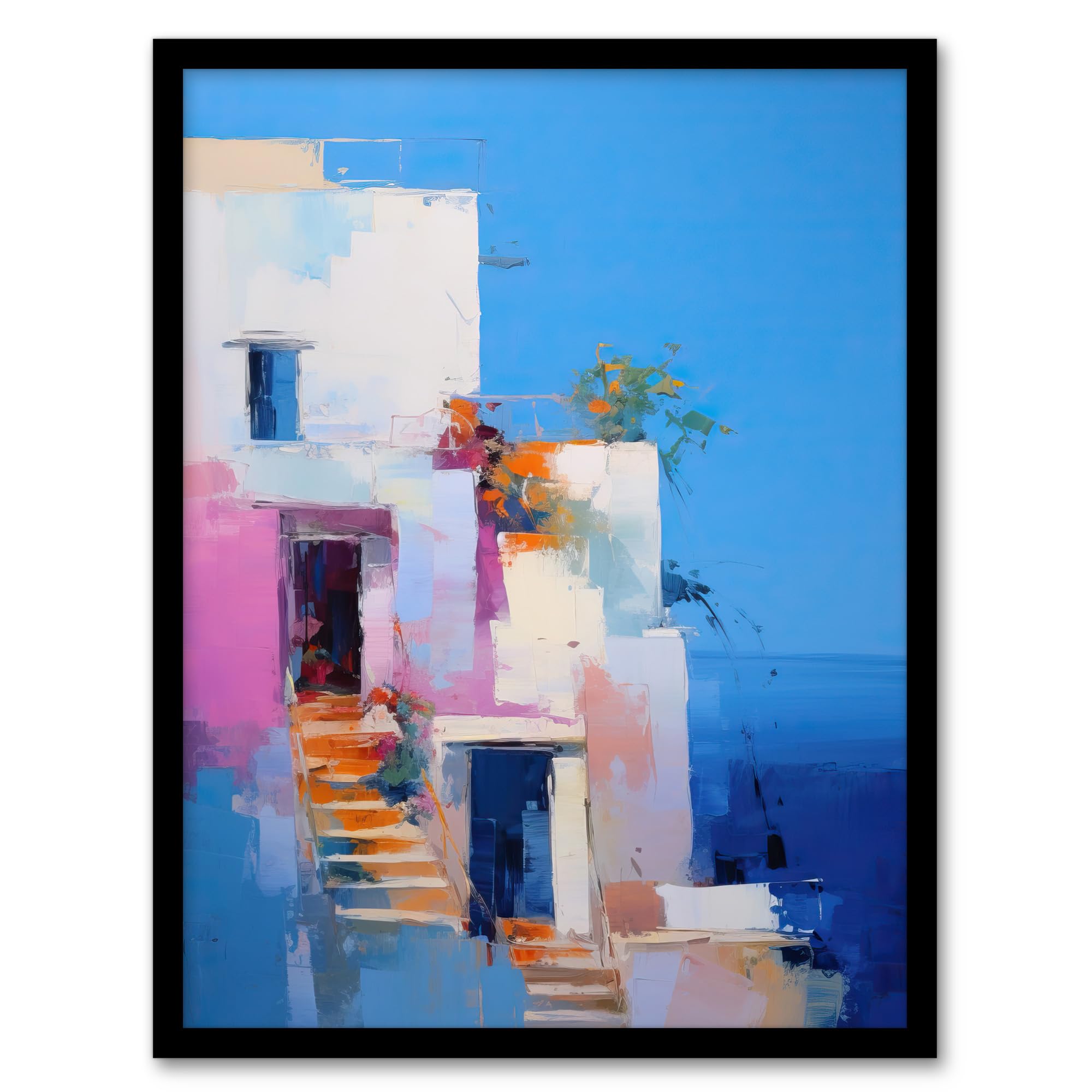 Wee Blue Coo Italian Daydream Abstract Oil Painting Blue Pink Orange Summer Holiday Destination Artwork Framed Wall Art Print A4